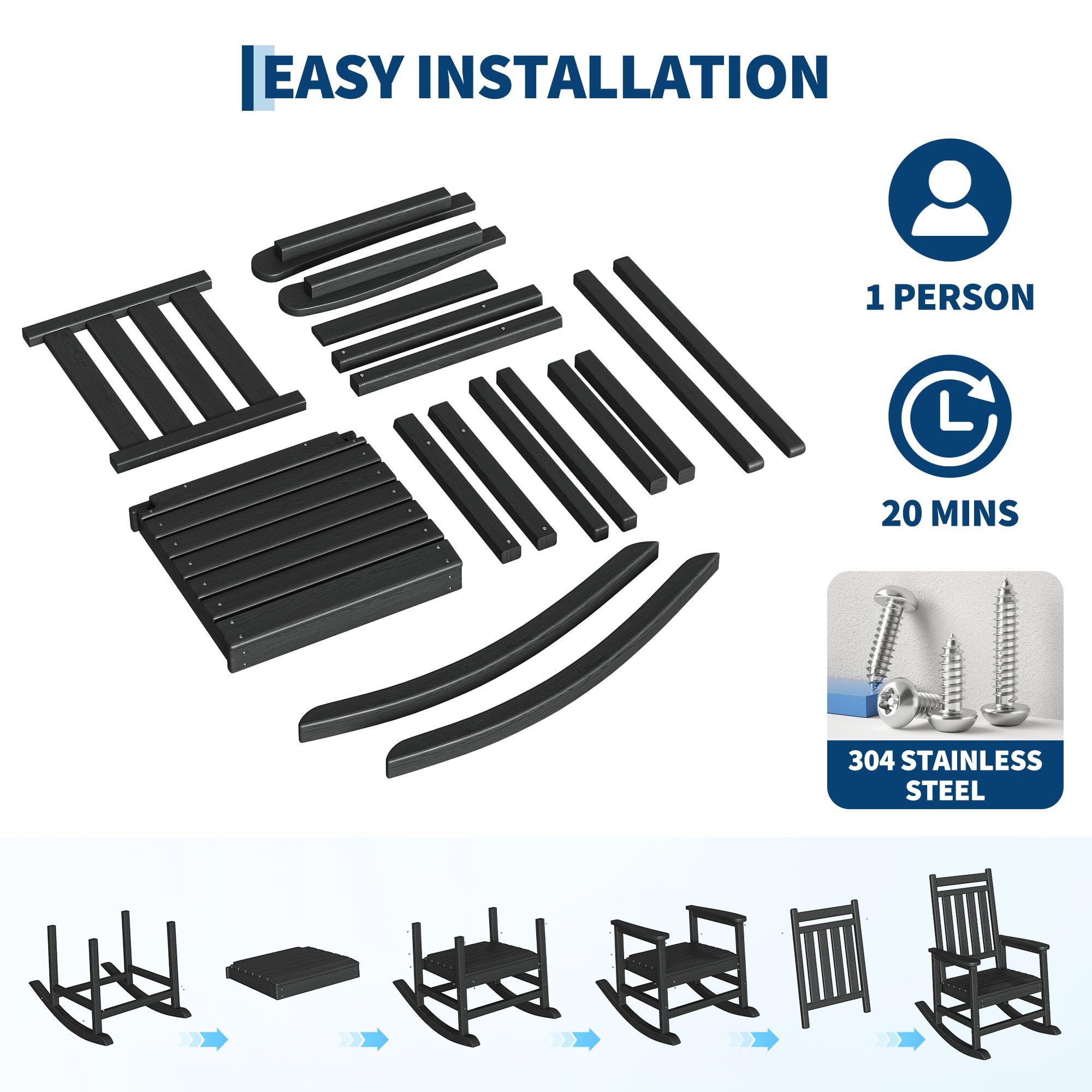 Garvee HDPE Rocking Chair Outdoor Set of 2 with Side Table - Poly High Back Porch Rocker Chairs for Adults - All Weather Resistant Furniture for Patio Front Porch - Black - Image 6