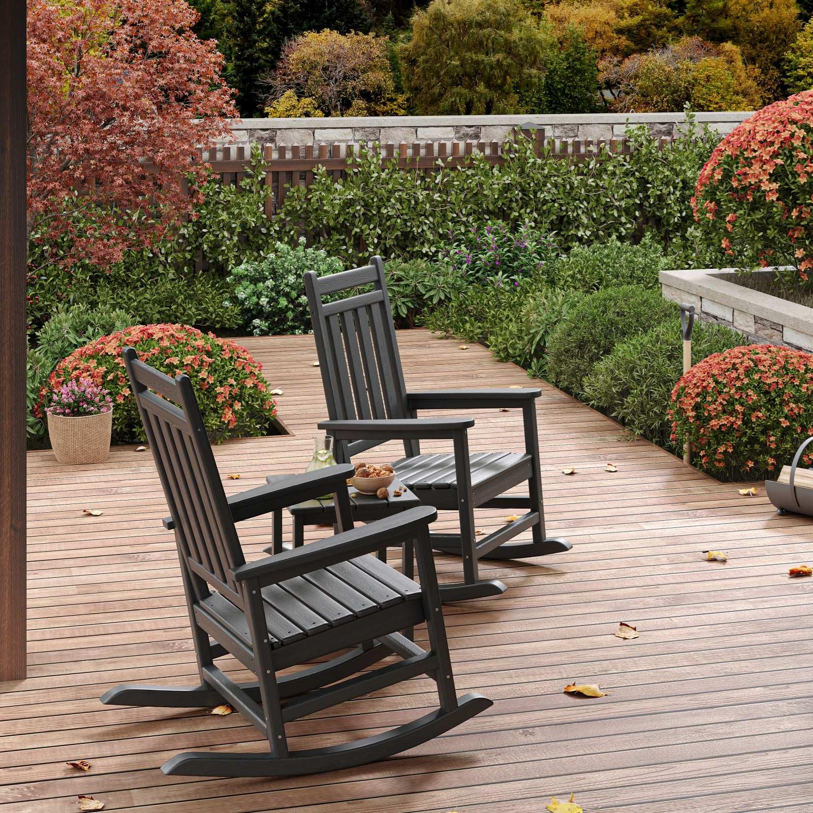 Garvee HDPE Rocking Chair Outdoor Set of 2 with Side Table - Poly High Back Porch Rocker Chairs for Adults - All Weather Resistant Furniture for Patio Front Porch - Black - Image 8