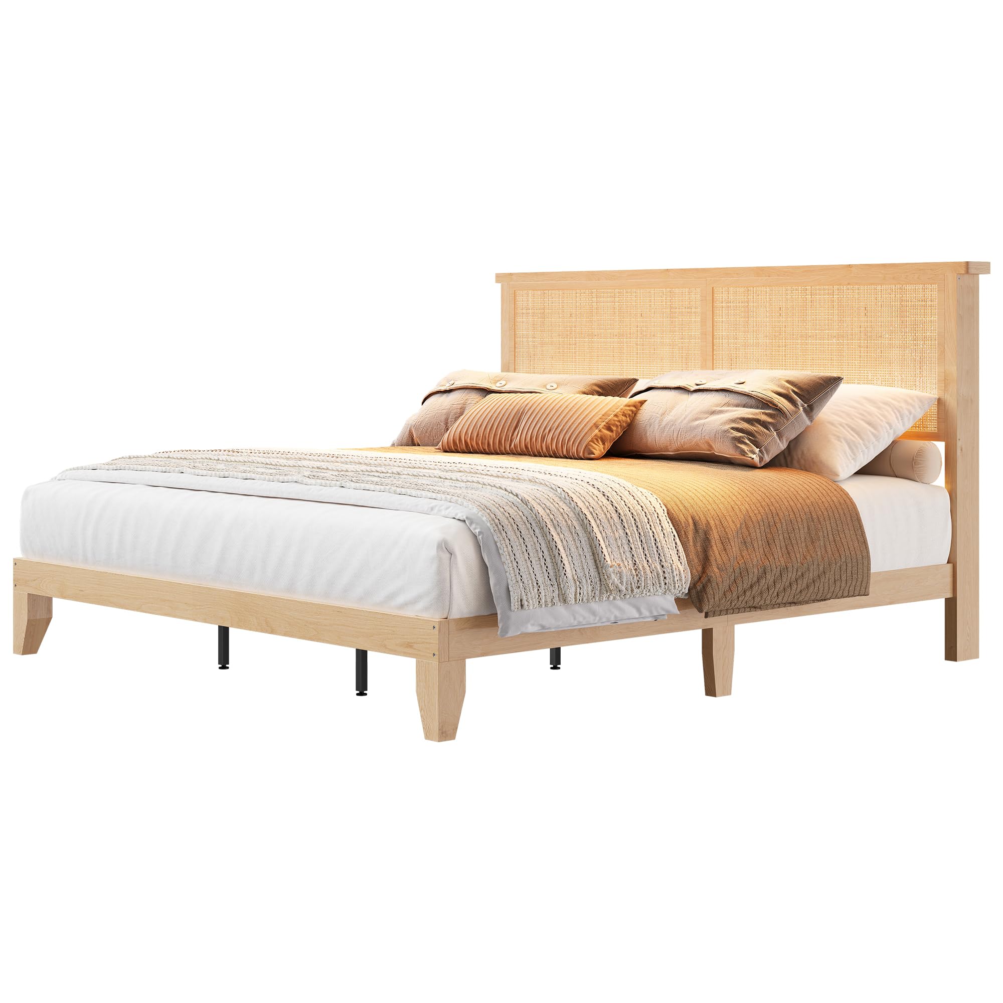 Garvee King Size Rattan Bed Frame, Bohemian Rattan Bed Frame King with Natural Headboard, Platform King Size Bed with Wooden Legs, LED Lights, No Box Spring Needed, Easy Assembly - Image 3