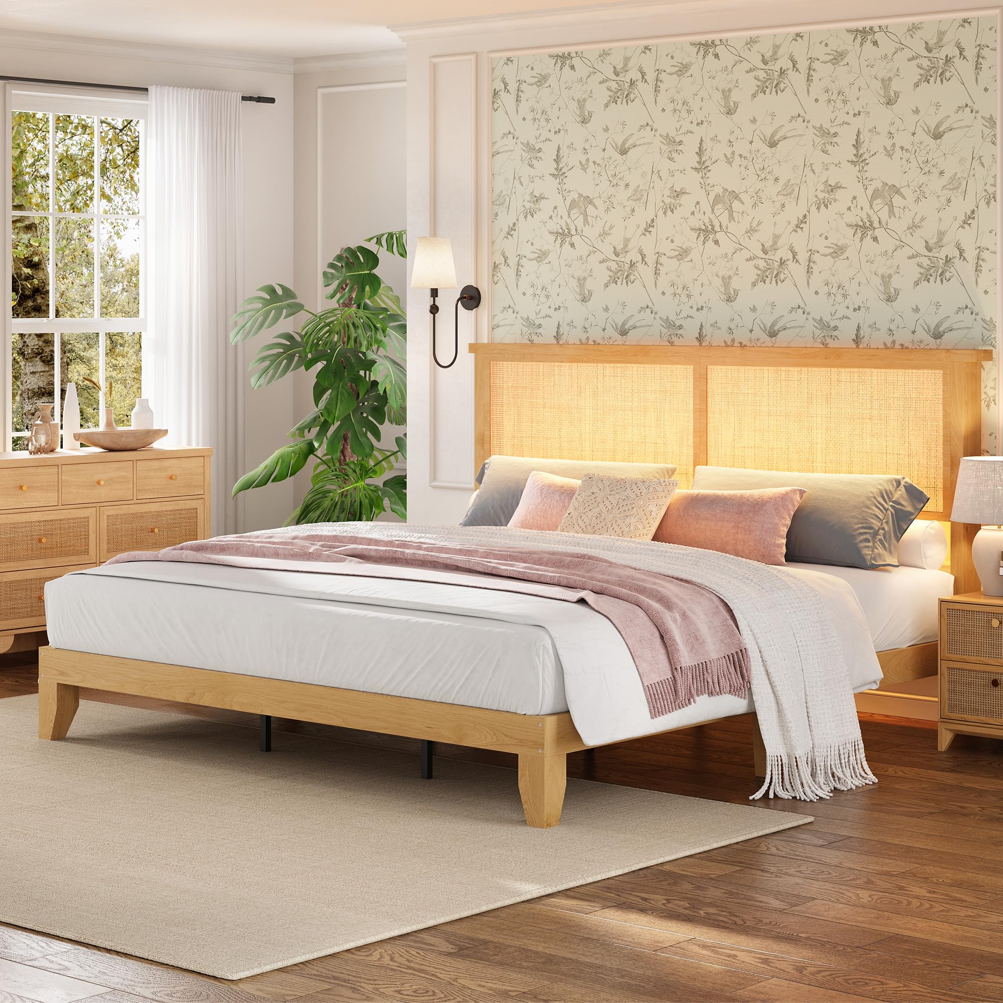 Garvee King Size Rattan Bed Frame, Bohemian Rattan Bed Frame King with Natural Headboard, Platform King Size Bed with Wooden Legs, LED Lights, No Box Spring Needed, Easy Assembly - Image 5