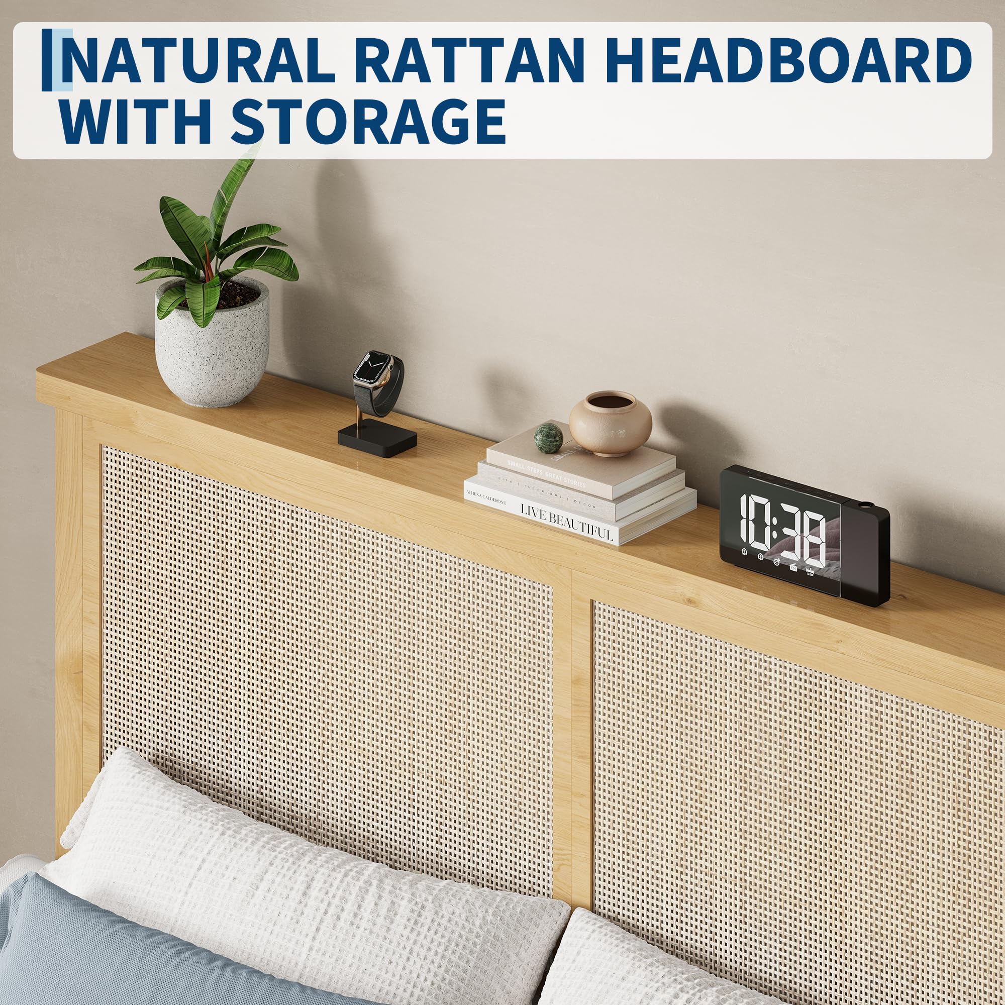 Garvee King Size Rattan Bed Frame, Bohemian Rattan Bed Frame King with Natural Headboard, Platform King Size Bed with Wooden Legs, LED Lights, No Box Spring Needed, Easy Assembly - Image 6