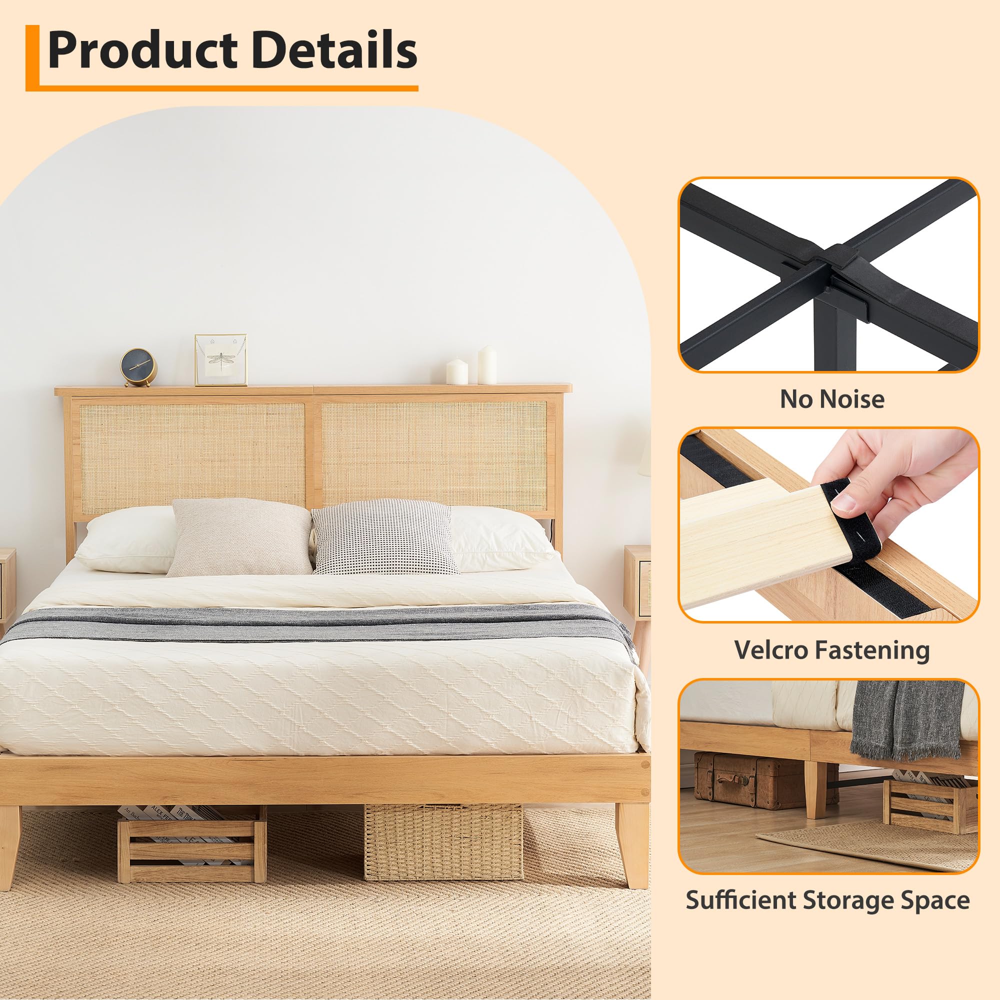 Garvee King Size Rattan Bed Frame, Bohemian Rattan Bed Frame King with Natural Headboard, Platform King Size Bed with Wooden Legs, LED Lights, No Box Spring Needed, Easy Assembly - Image 7