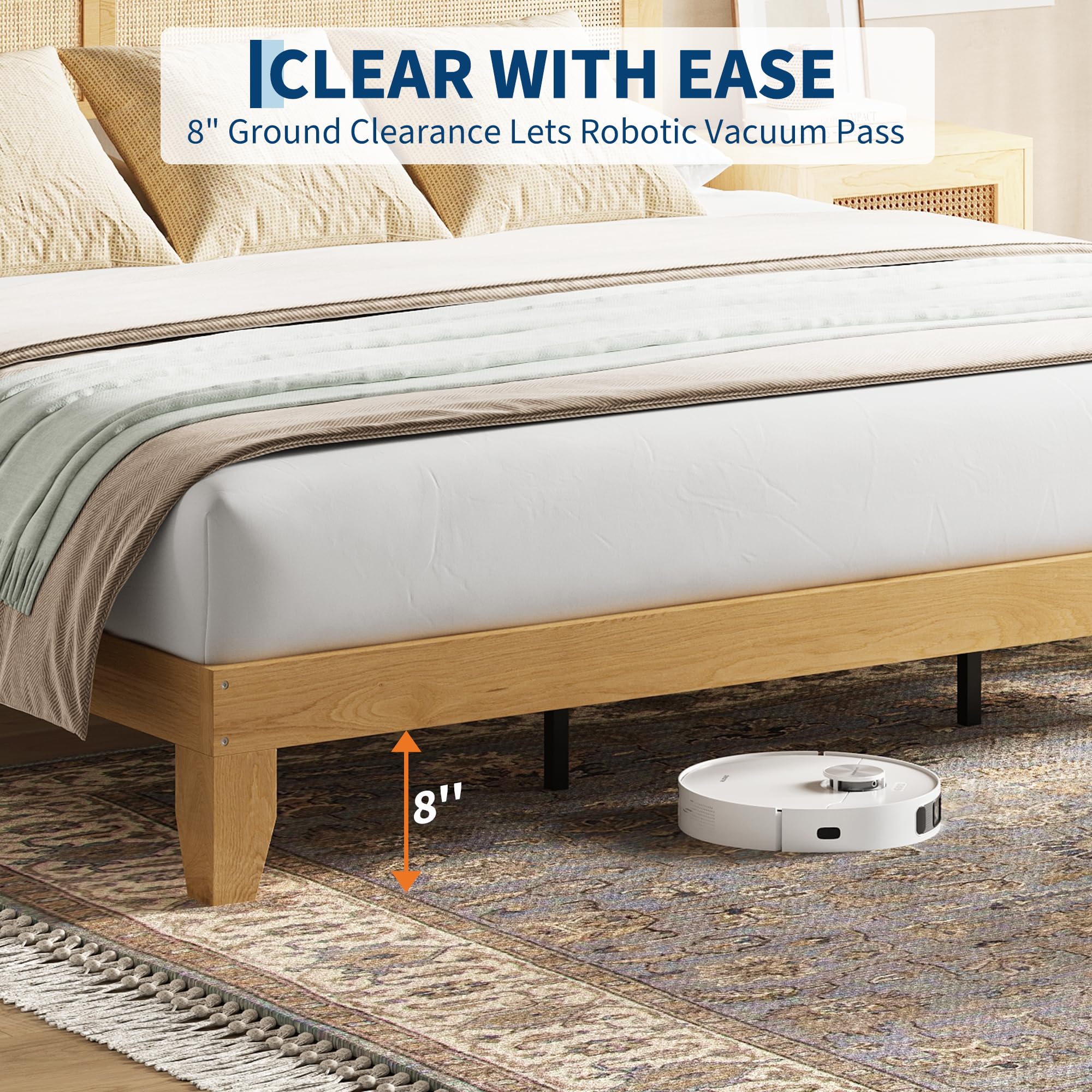 Garvee King Size Rattan Bed Frame, Bohemian Rattan Bed Frame King with Natural Headboard, Platform King Size Bed with Wooden Legs, LED Lights, No Box Spring Needed, Easy Assembly - Image 8