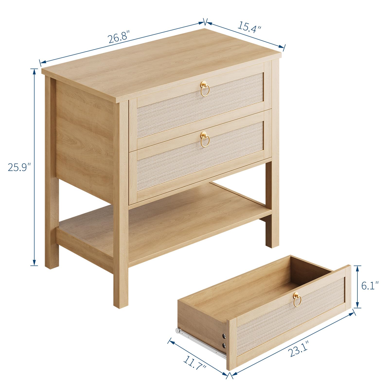 Garvee Large Rattan Night Stand Set of 2, Boho Woven Bedside Tables with Drawers Storage Shelf, Mid Century Modern Nightstand, Wood Large Bedside Table for Bedroom Living Room, Light Oak - Image 3