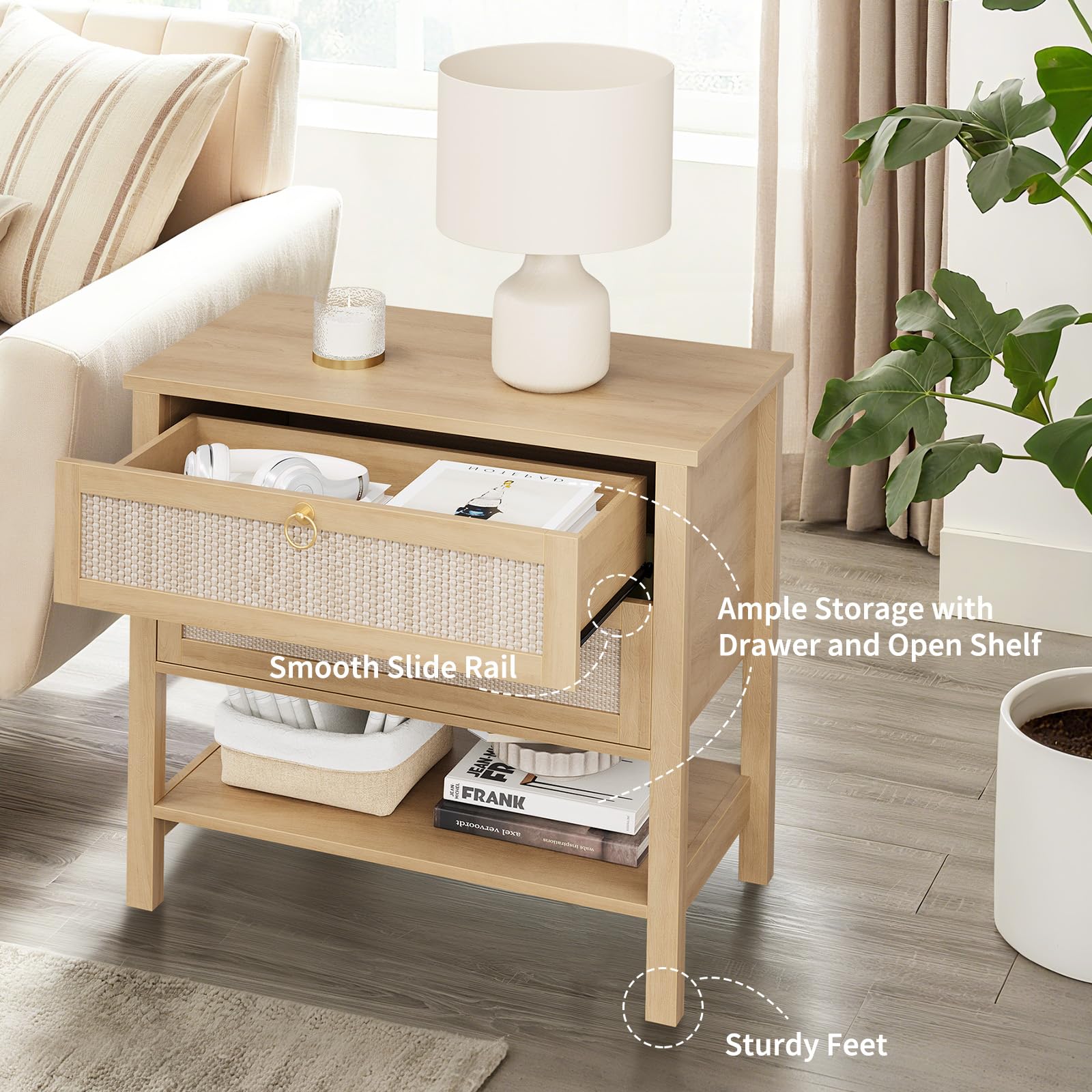 Garvee Large Rattan Night Stand Set of 2, Boho Woven Bedside Tables with Drawers Storage Shelf, Mid Century Modern Nightstand, Wood Large Bedside Table for Bedroom Living Room, Light Oak - Image 4
