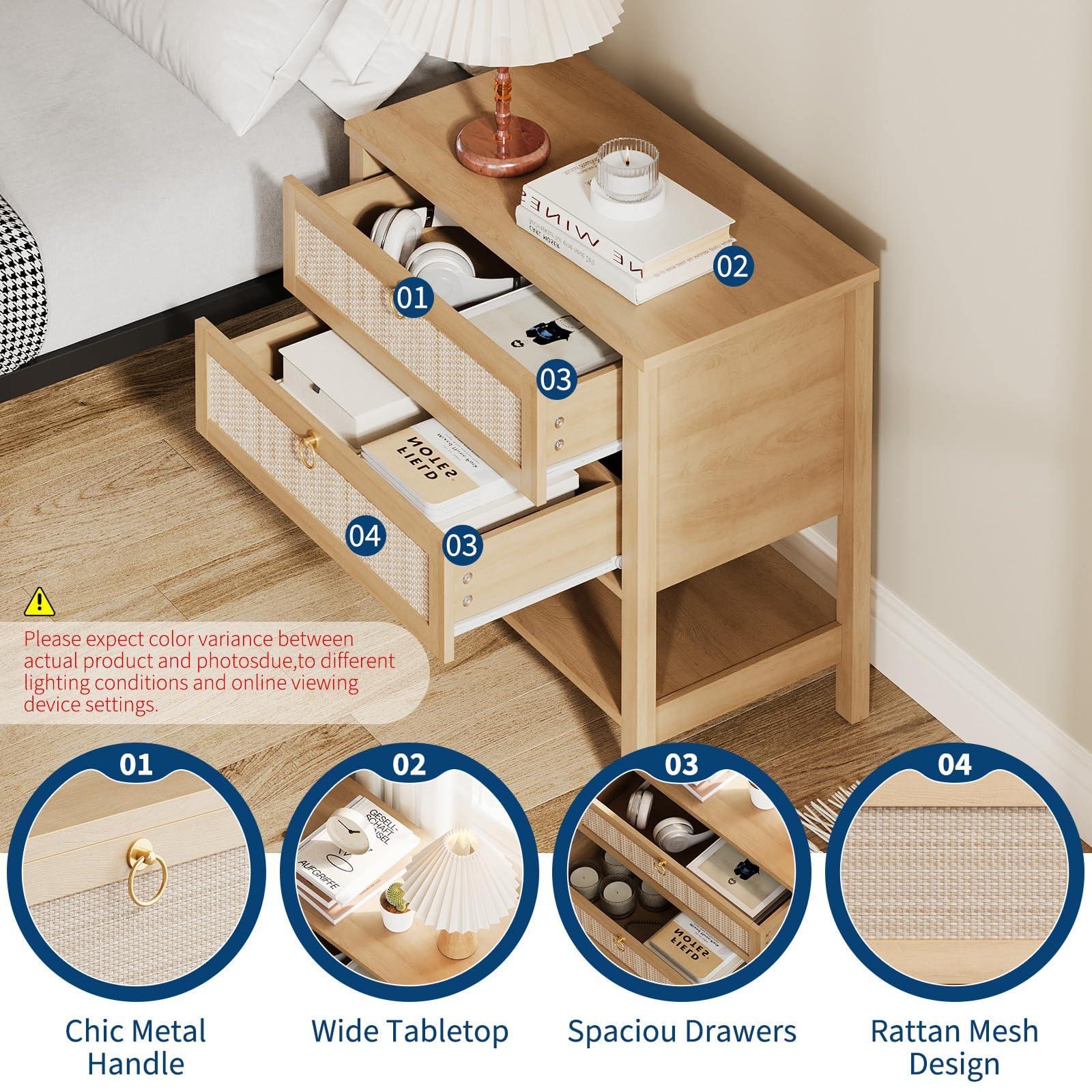 Garvee Large Rattan Night Stand Set of 2, Boho Woven Bedside Tables with Drawers Storage Shelf, Mid Century Modern Nightstand, Wood Large Bedside Table for Bedroom Living Room, Light Oak - Image 5