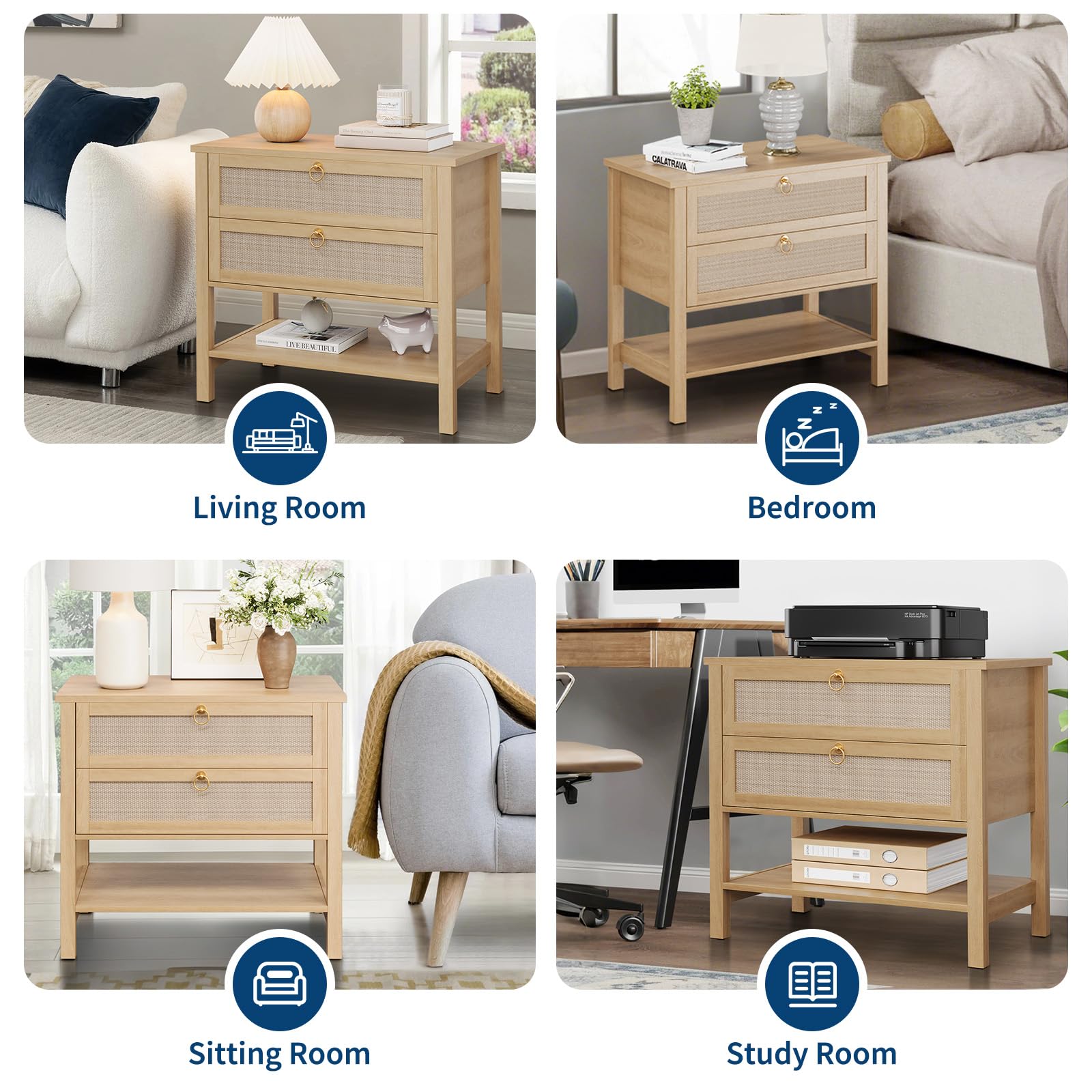 Garvee Large Rattan Night Stand Set of 2, Boho Woven Bedside Tables with Drawers Storage Shelf, Mid Century Modern Nightstand, Wood Large Bedside Table for Bedroom Living Room, Light Oak - Image 8