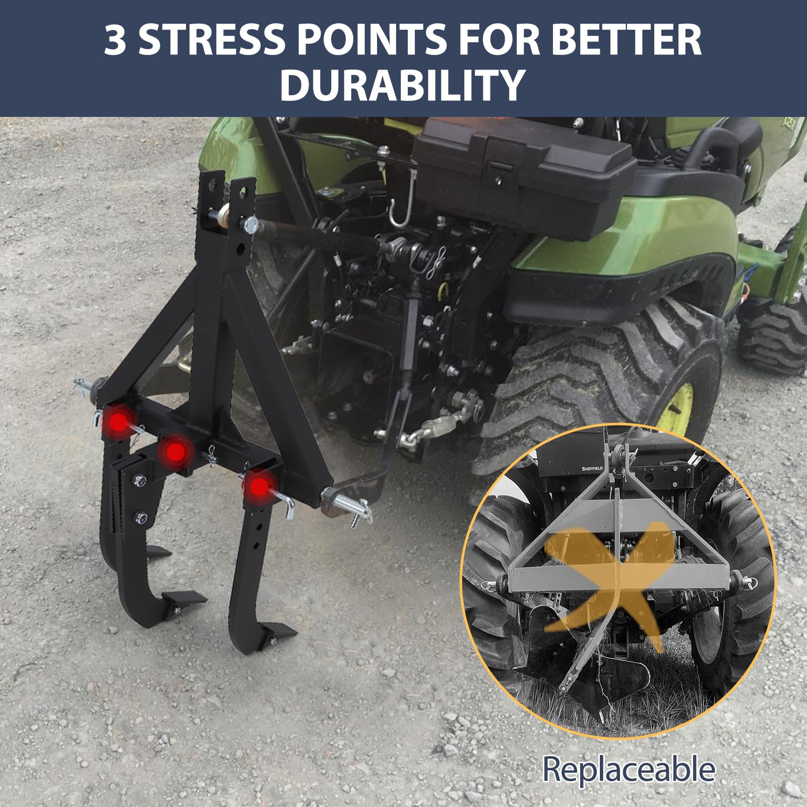 Garvee Middle Buster for CAT 0& 1, 3-Point Quick Hitch Tractors with 3 Adjustable & Replaceable Ripper Shanks, Upgraded Heavy Duty Steel Furrowing Plow - Image 7