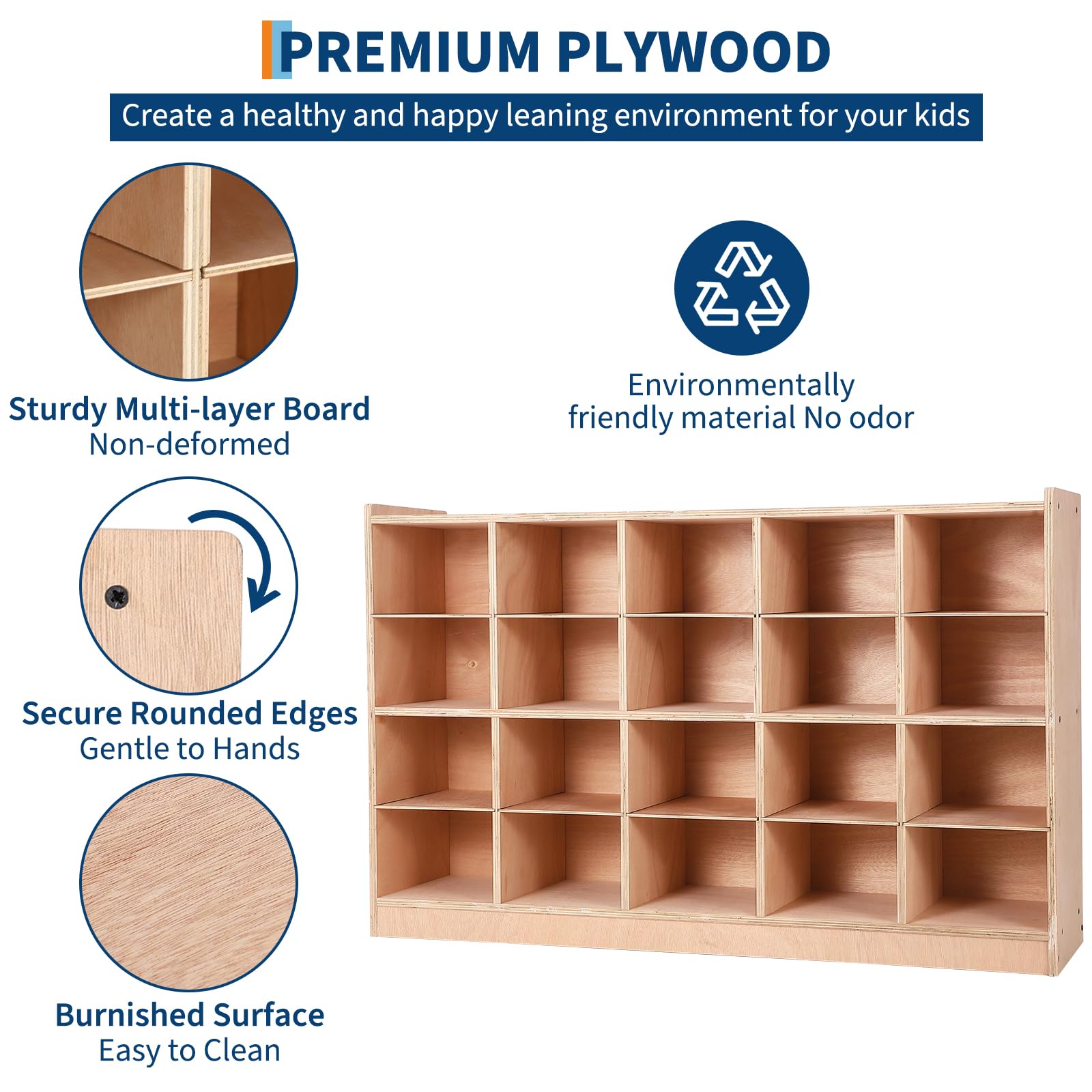 Garvee Mobile Storage Cabinet,Storage Block Cubby with 5 Anti-Flip Fittings, 4 Castors and 2 Boxes for Home, School, Kindergarten, Natural - Image 4