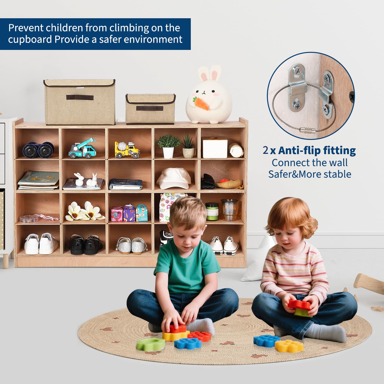 Garvee Mobile Storage Cabinet,Storage Block Cubby with 5 Anti-Flip Fittings, 4 Castors and 2 Boxes for Home, School, Kindergarten, Natural - Image 5