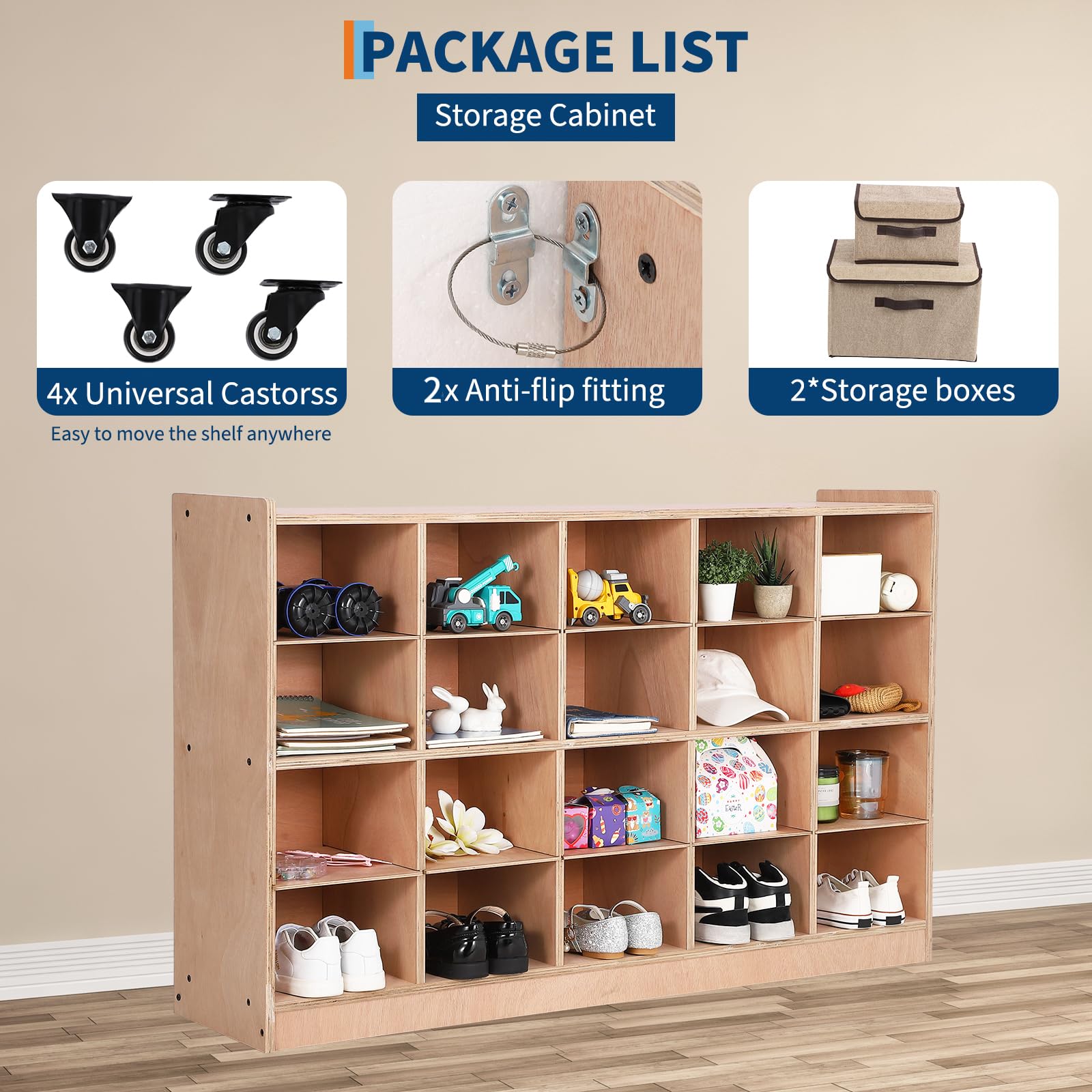 Garvee Mobile Storage Cabinet,Storage Block Cubby with 5 Anti-Flip Fittings, 4 Castors and 2 Boxes for Home, School, Kindergarten, Natural - Image 8