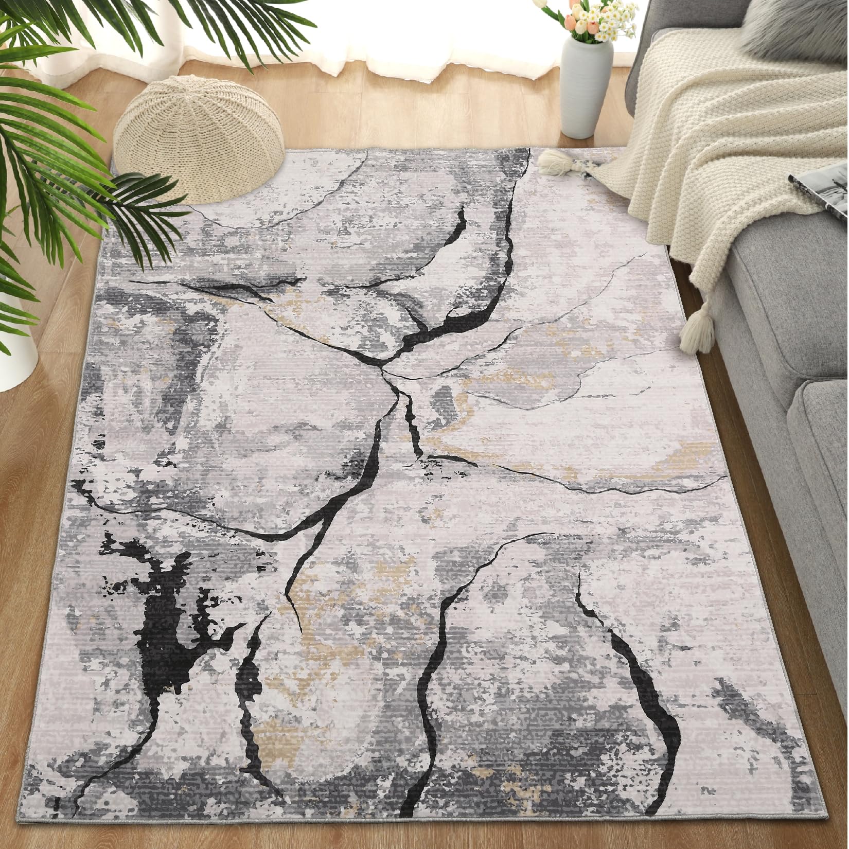 Garvee Modern Abstract 5x7 Area Rug Grey Washable Non Slip Living Room Rugs Low Pile Contemporary Throw Bedroom Mat Foldable Thin Rugs Non Shed Floor Carpet for Dining Room Office Home - Image 6