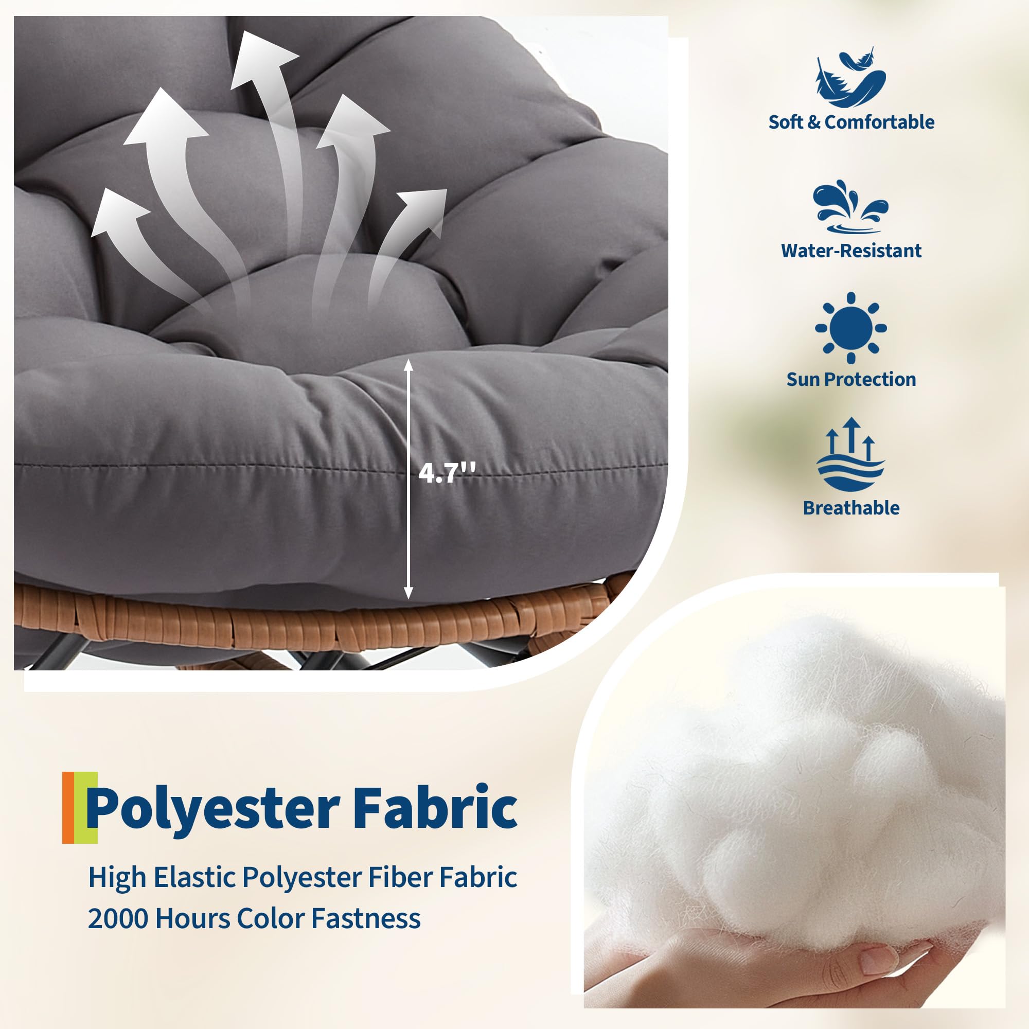 Garvee Outdoor Rocking Chair with Footrest, Oversized Patio Papasan Chairs with Cushion, Modern Lounge Rocker Chair for Indoor Living Room Garden Porch Balcony, Grey - Image 3