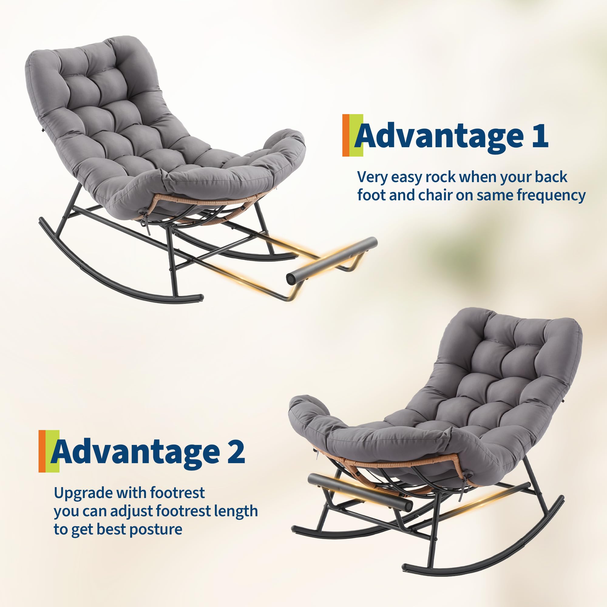Garvee Outdoor Rocking Chair with Footrest, Oversized Patio Papasan Chairs with Cushion, Modern Lounge Rocker Chair for Indoor Living Room Garden Porch Balcony, Grey - Image 4