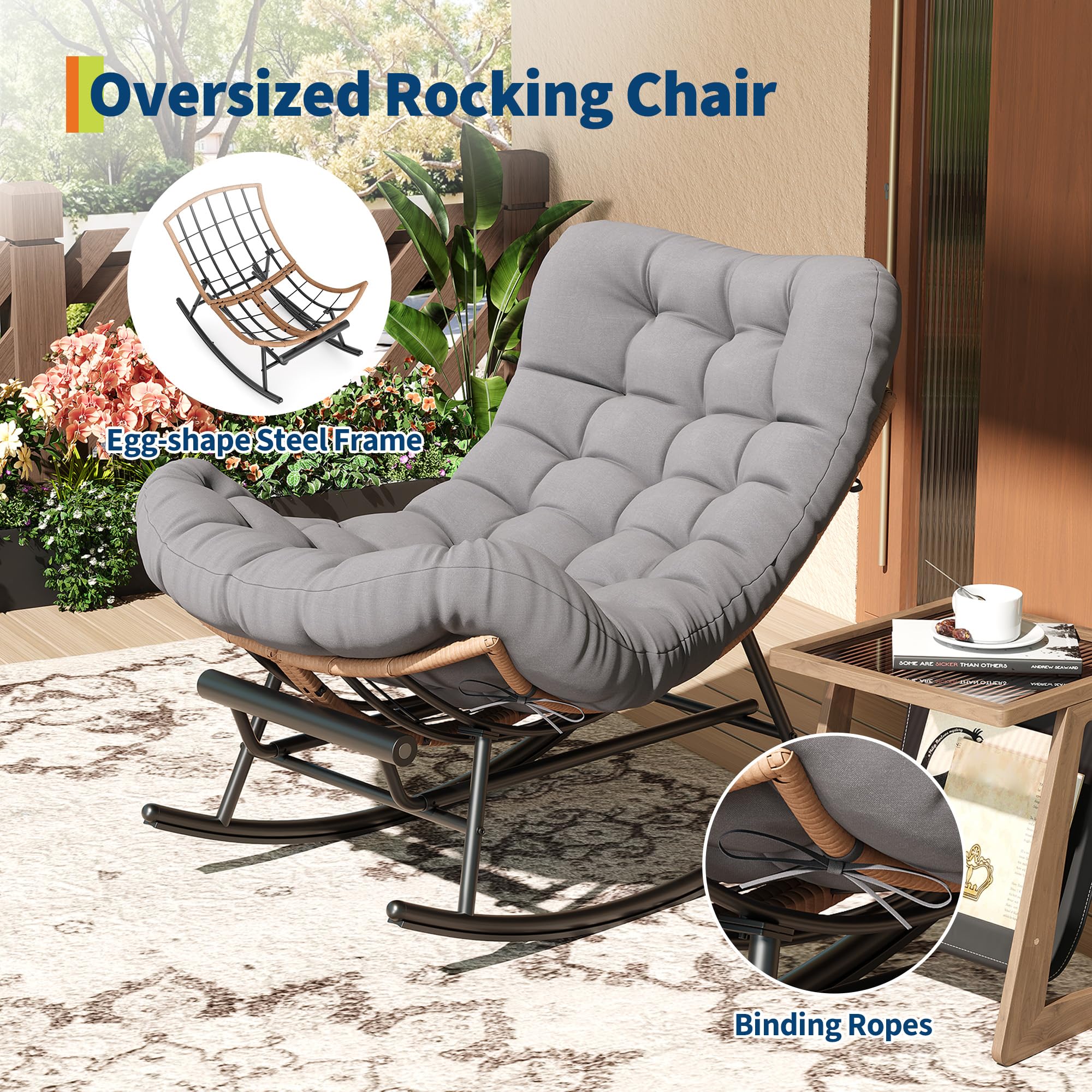 Garvee Outdoor Rocking Chair with Footrest, Oversized Patio Papasan Chairs with Cushion, Modern Lounge Rocker Chair for Indoor Living Room Garden Porch Balcony, Grey - Image 6