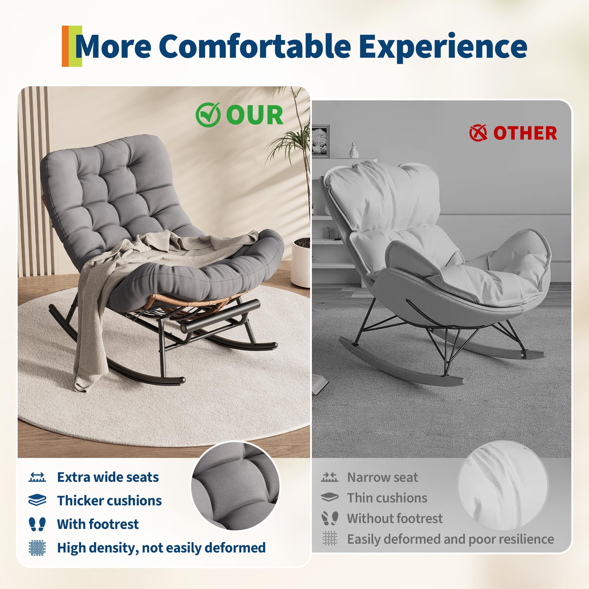 Garvee Outdoor Rocking Chair with Footrest, Oversized Patio Papasan Chairs with Cushion, Modern Lounge Rocker Chair for Indoor Living Room Garden Porch Balcony, Grey - Image 7