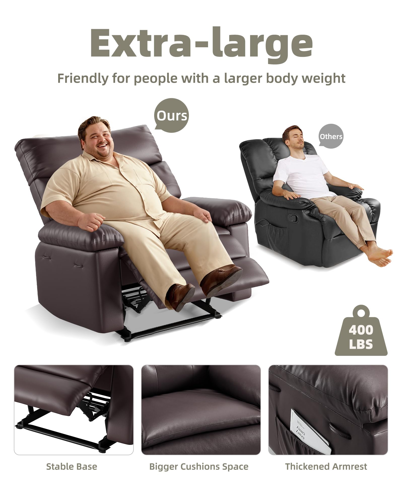 Garvee Oversized Recliner Chair - PU Leather Manual Recliner for Adults, Comfy Reclining Chair with Overstuffed Arms and Back, Side Pocket, Single Sofa for Living Room, Bedroom - Image 3