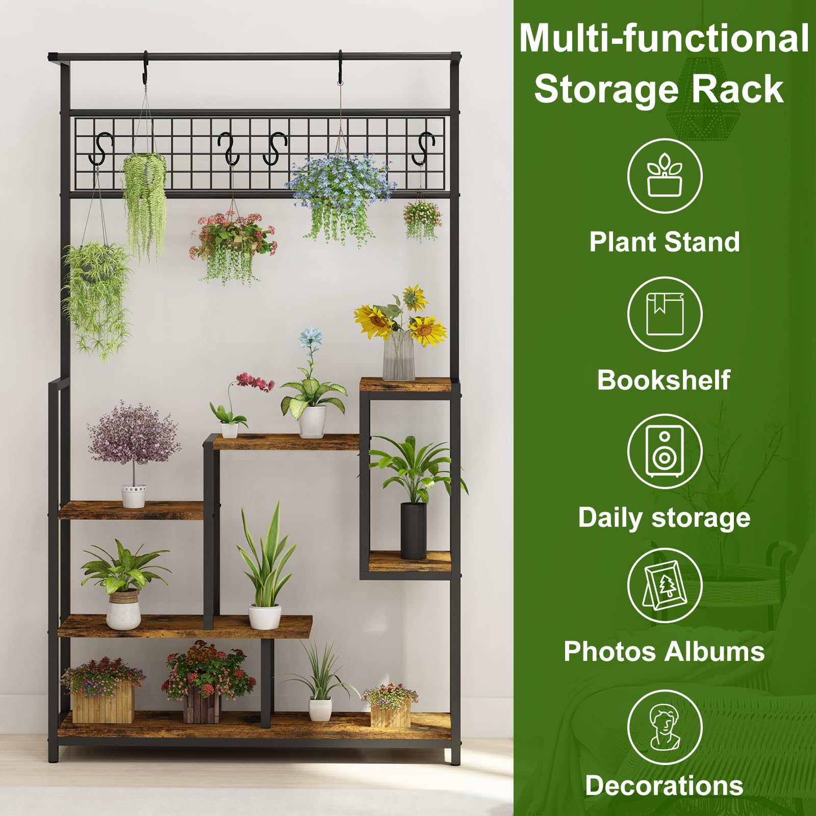 Garvee Plant Shelf with Grow Light, Tall Plant Stand Indoor, 7 Tiered Large Metal Shelf with Hanging Hooks, Multi-Purpose Display Rack - Image 3