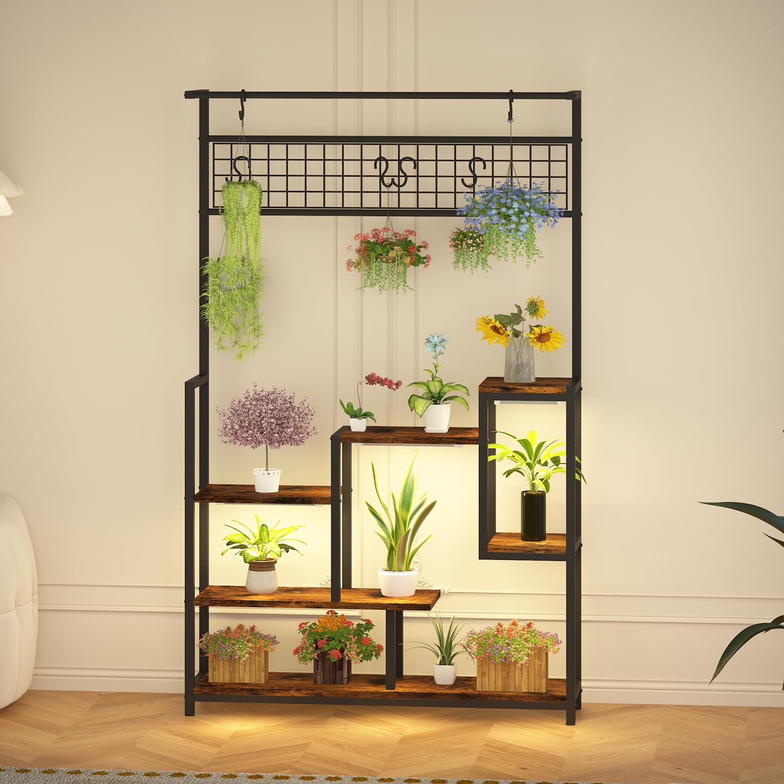 Garvee Plant Shelf with Grow Light, Tall Plant Stand Indoor, 7 Tiered Large Metal Shelf with Hanging Hooks, Multi-Purpose Display Rack - Image 6