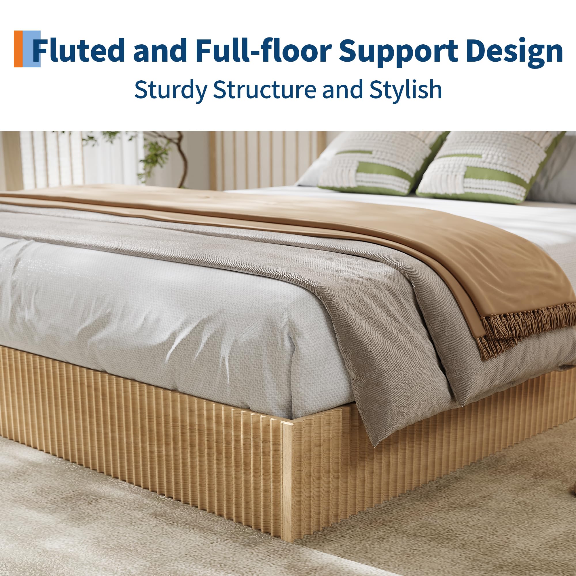 Garvee Queen Bed Frame, Wood Platform Bed with Fluted Design, Low Profile BedFrame, Minimalist Bed Base with Noise-Free, Easy Assembly, No Box Spring Needed, Natural - Image 4