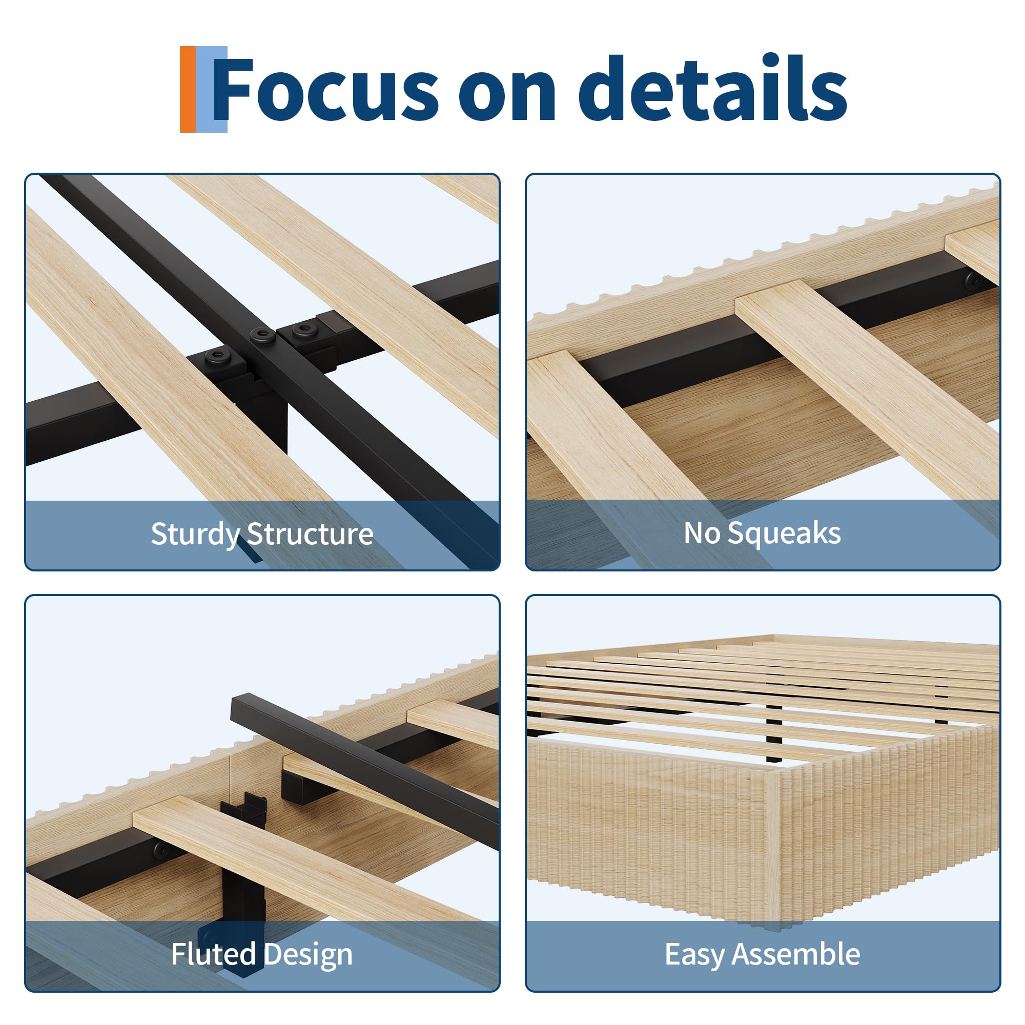 Garvee Queen Bed Frame, Wood Platform Bed with Fluted Design, Low Profile BedFrame, Minimalist Bed Base with Noise-Free, Easy Assembly, No Box Spring Needed, Natural - Image 5