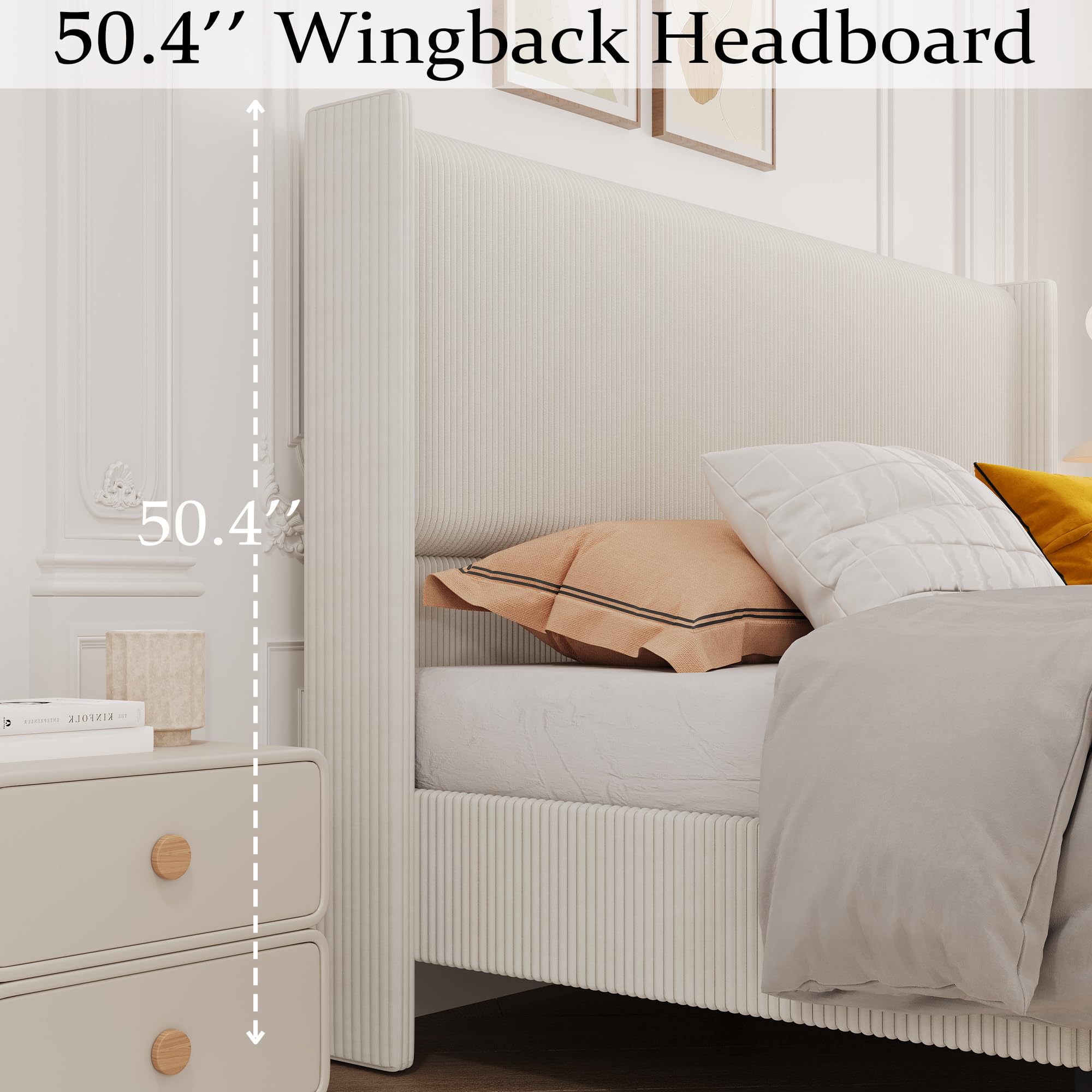 Garvee Queen Size Bed Frame, Corduroy Upholstered Queen Bed Frame with Wingback Headboard, No Box Spring Needed, Solid Wooden Slats, Noise Free, Beige - Image 4