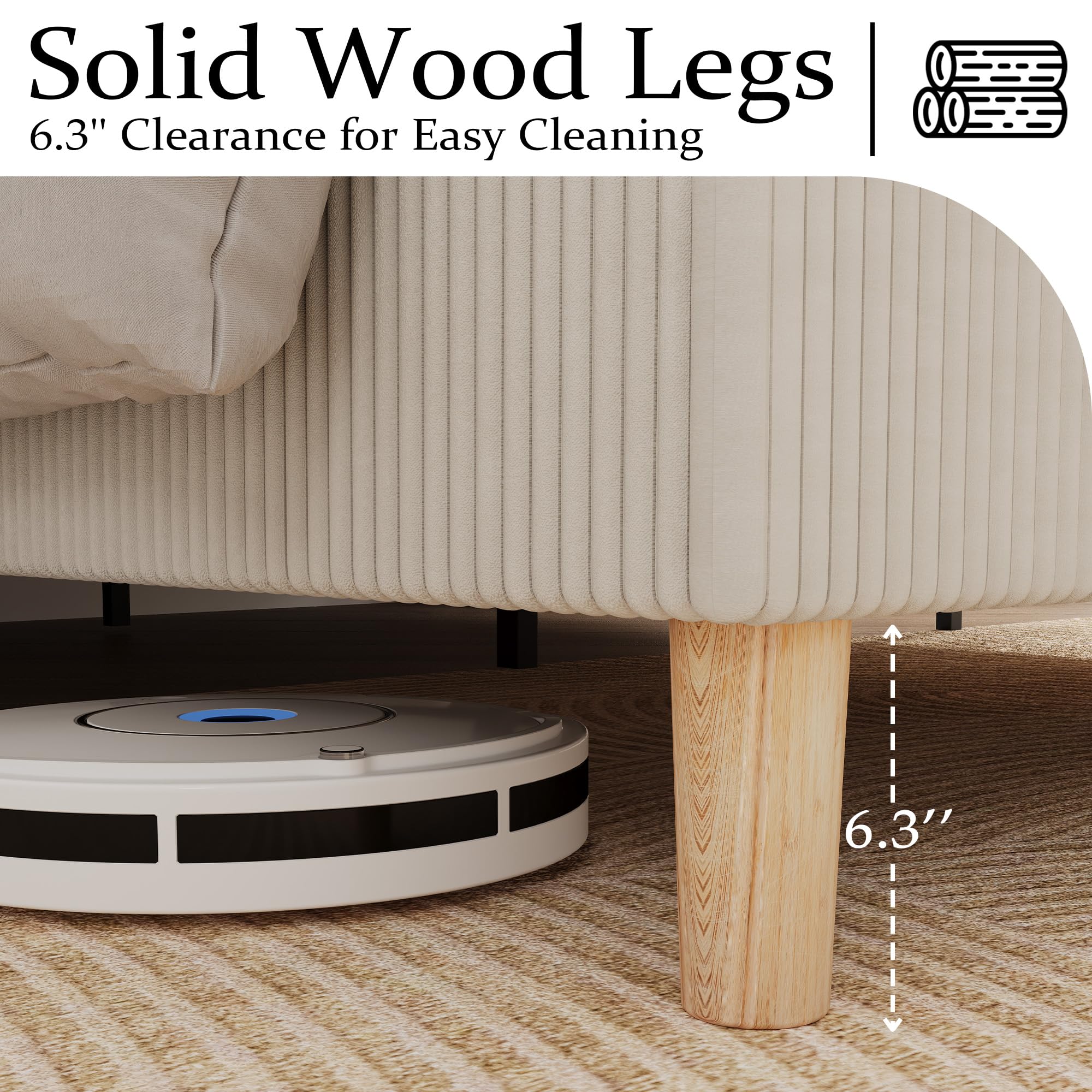 Garvee Queen Size Bed Frame, Corduroy Upholstered Queen Bed Frame with Wingback Headboard, No Box Spring Needed, Solid Wooden Slats, Noise Free, Beige - Image 5