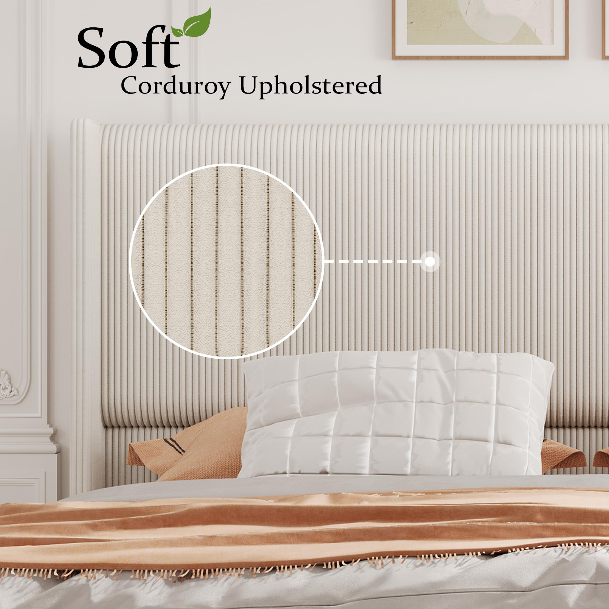 Garvee Queen Size Bed Frame, Corduroy Upholstered Queen Bed Frame with Wingback Headboard, No Box Spring Needed, Solid Wooden Slats, Noise Free, Beige - Image 6