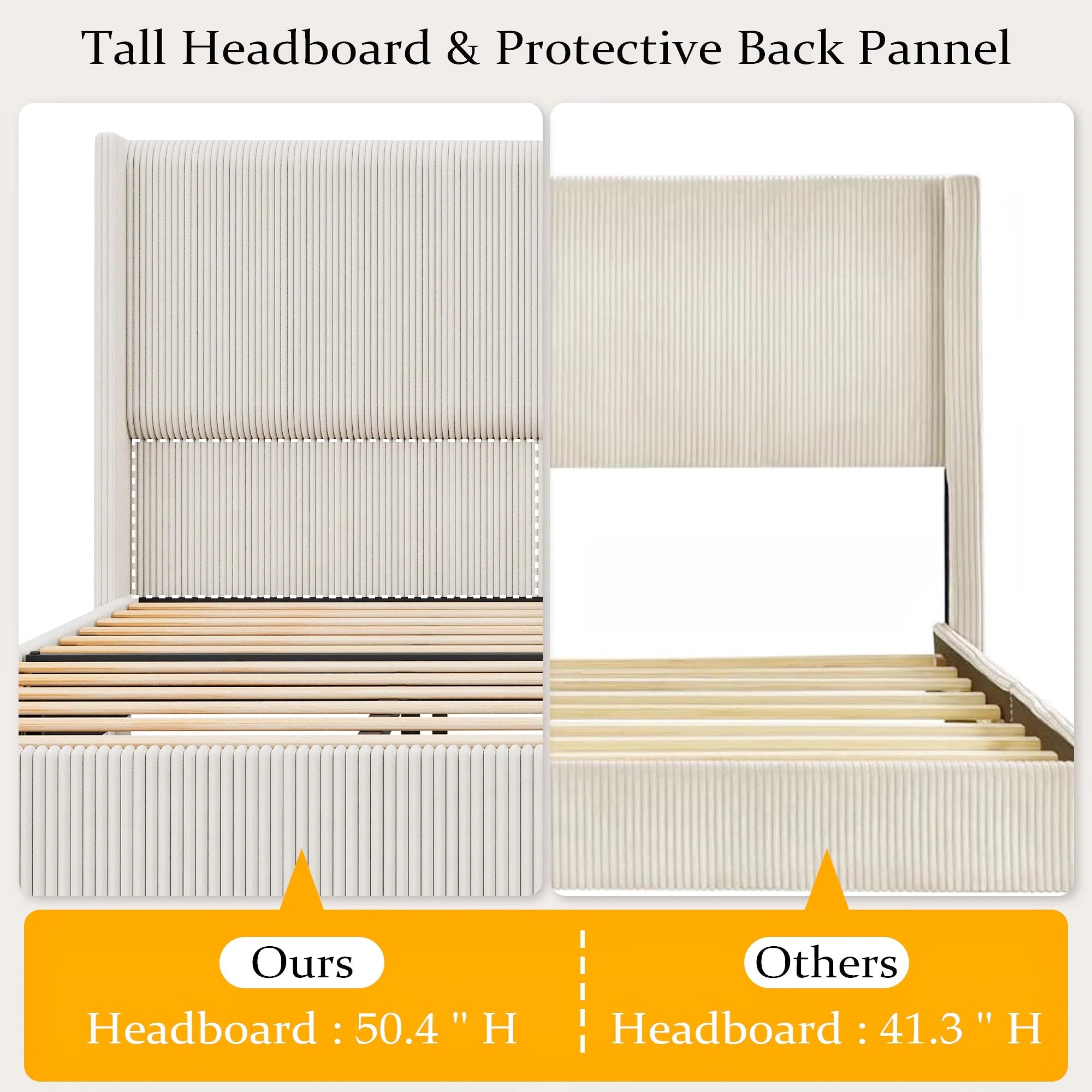 Garvee Queen Size Bed Frame, Corduroy Upholstered Queen Bed Frame with Wingback Headboard, No Box Spring Needed, Solid Wooden Slats, Noise Free, Beige - Image 7