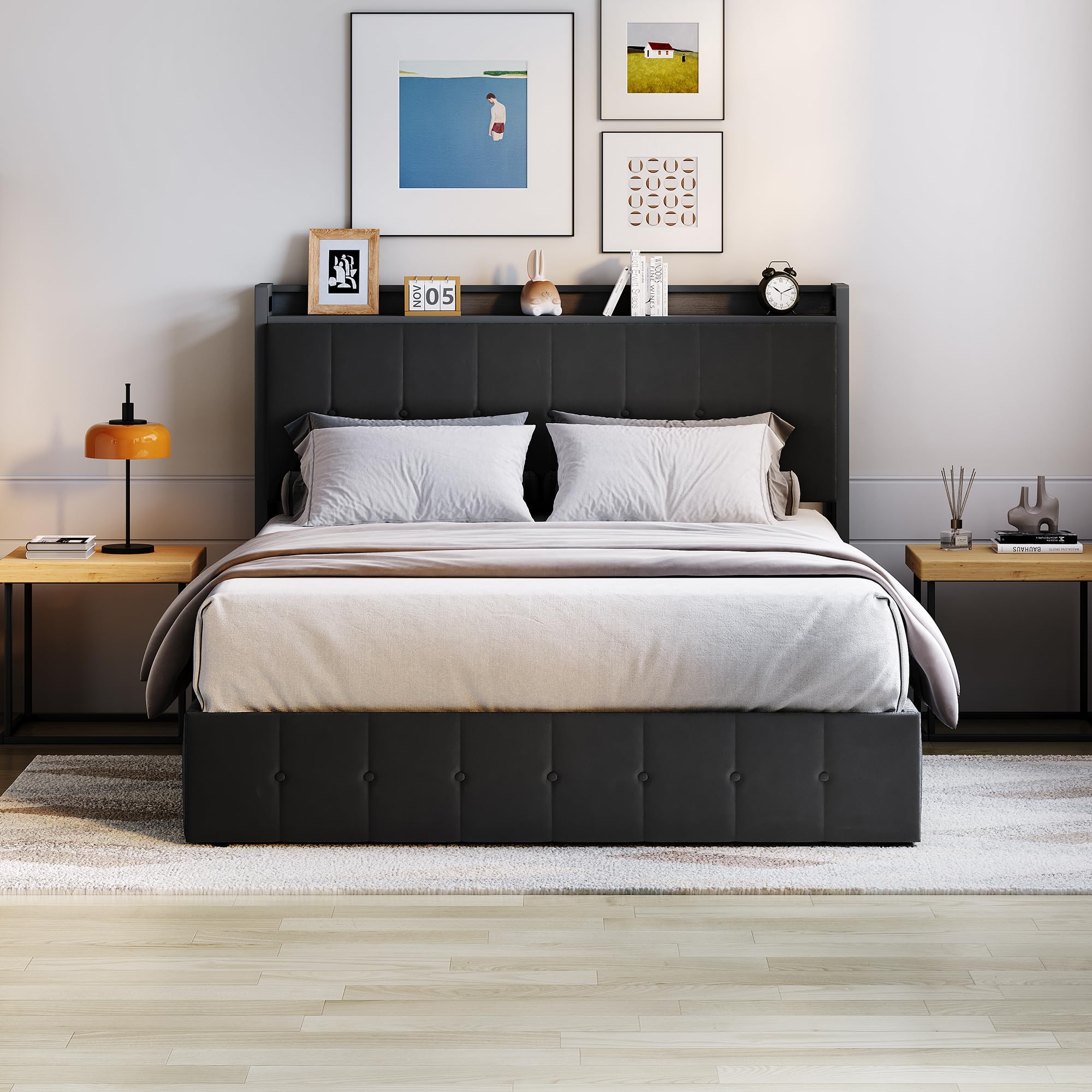 Garvee Queen Size Lift Up Storage Bed, Upholstered Velvet Bed Frame with Storage Headboard, Metal Platform Bed, No Box Spring Needed, Solid Wooden Slats, Noise Free, Black - Image 4