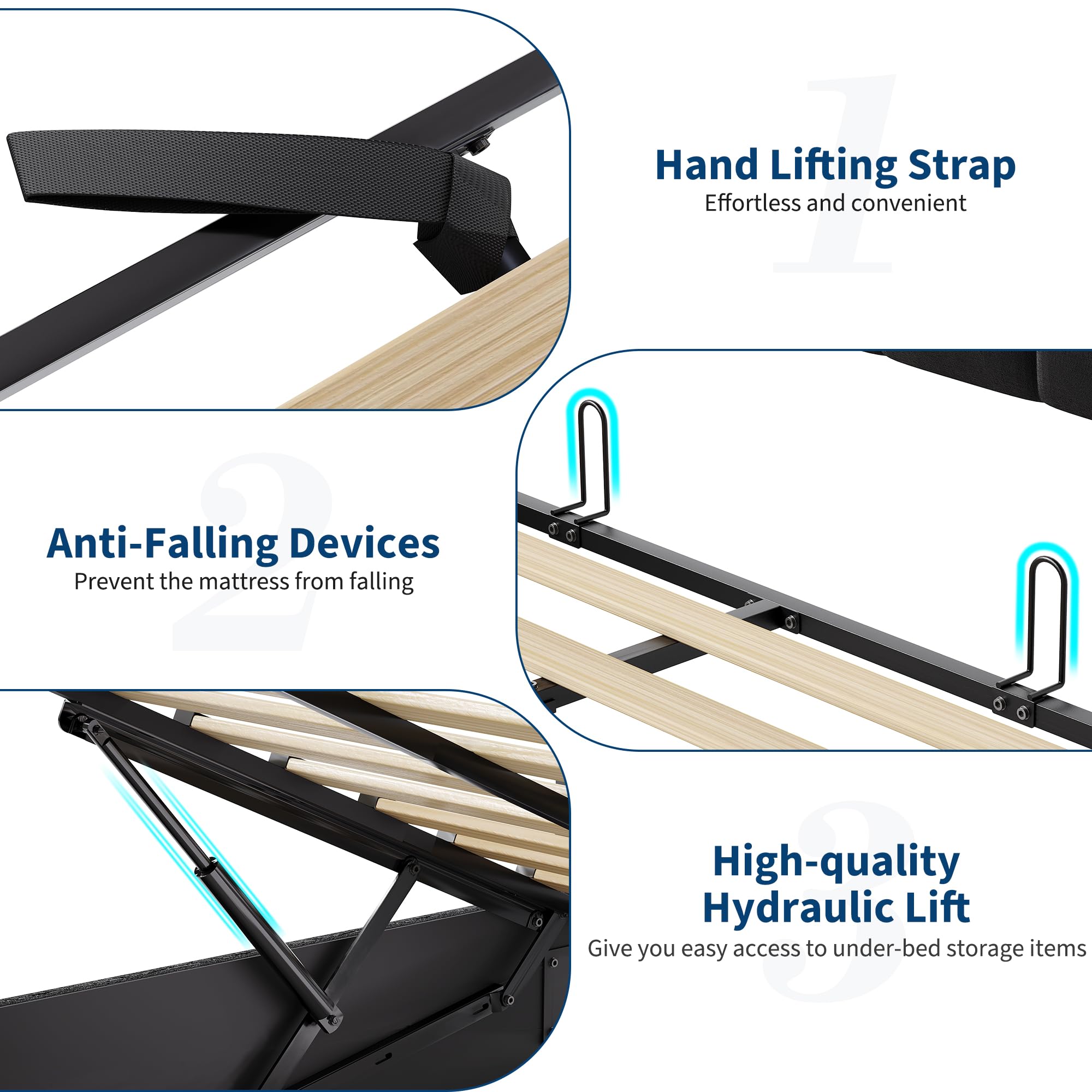 Garvee Queen Size Lift Up Storage Bed, Upholstered Velvet Bed Frame with Storage Headboard, Metal Platform Bed, No Box Spring Needed, Solid Wooden Slats, Noise Free, Black - Image 7