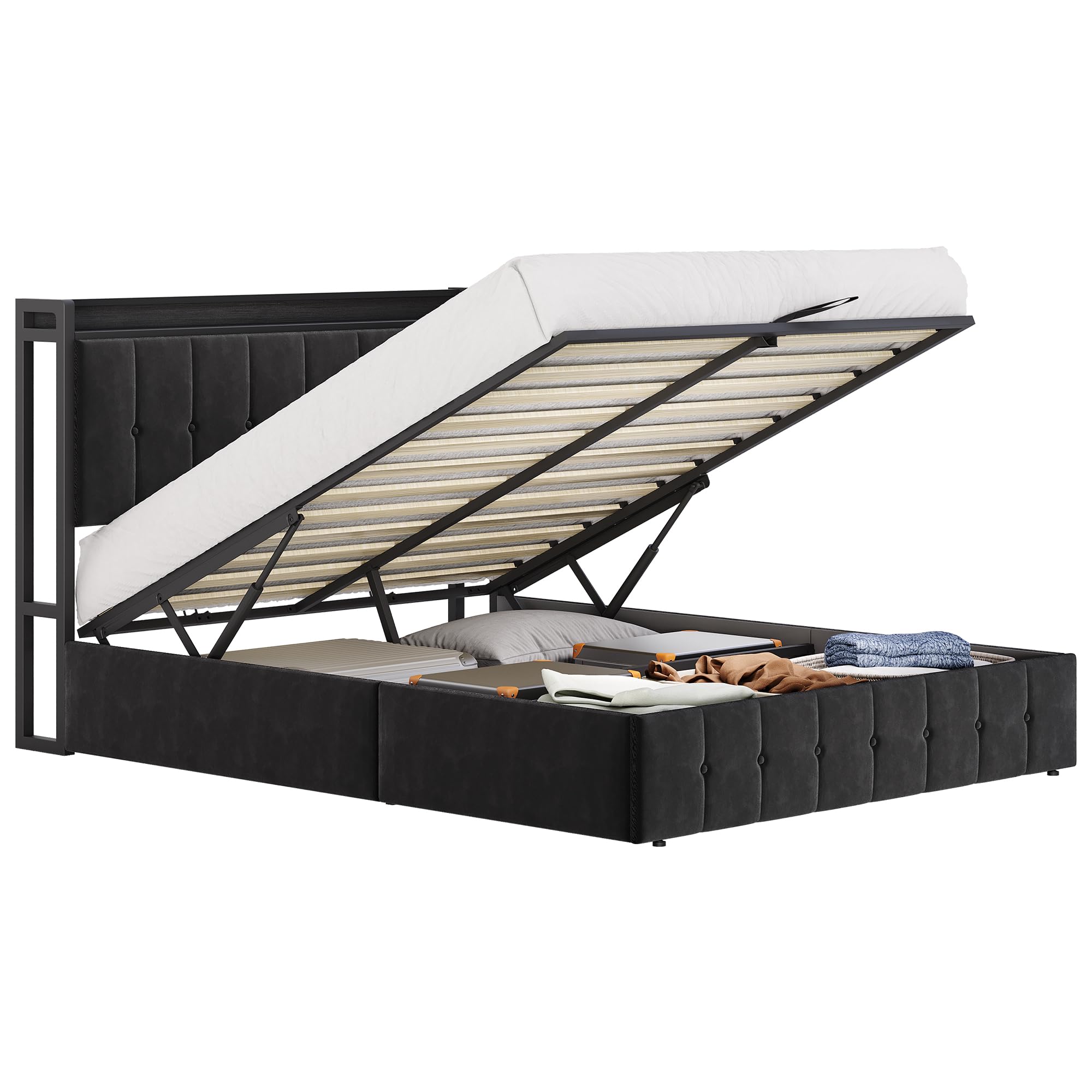 Garvee Queen Size Lift Up Storage Bed, Upholstered Velvet Bed Frame with Storage Headboard, Metal Platform Bed, No Box Spring Needed, Solid Wooden Slats, Noise Free, Black - Image 9