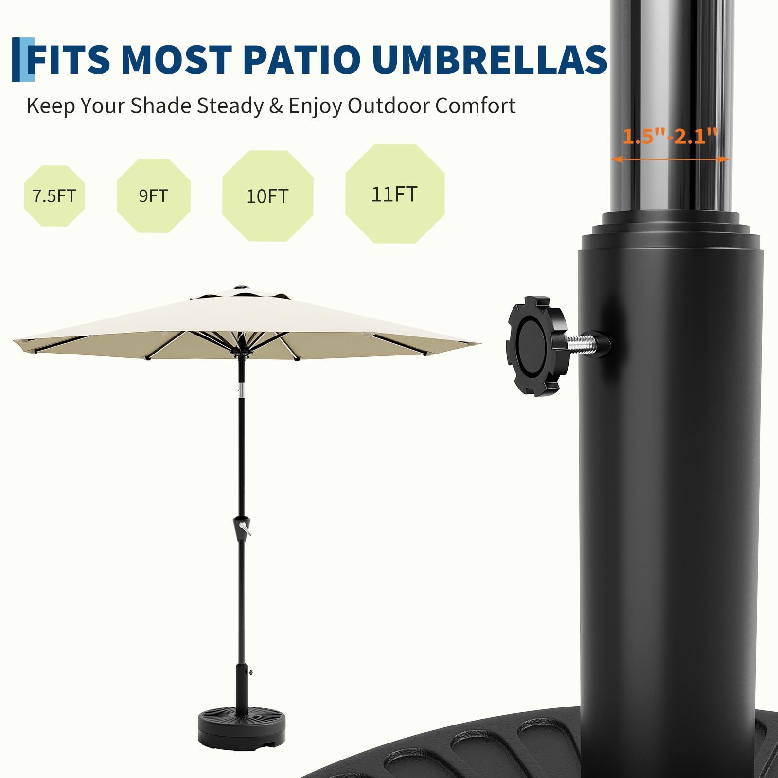Garvee Round Patio Umbrella Base, 20" 80LB Weight Stand Fillable Umbrella Stand with Adjustable Steel Pole Adapters Fits 1.5" to 2.1" Poles for 7.5-11FT Umbrellas for Outdoor Deck Poolside, Black - Image 3