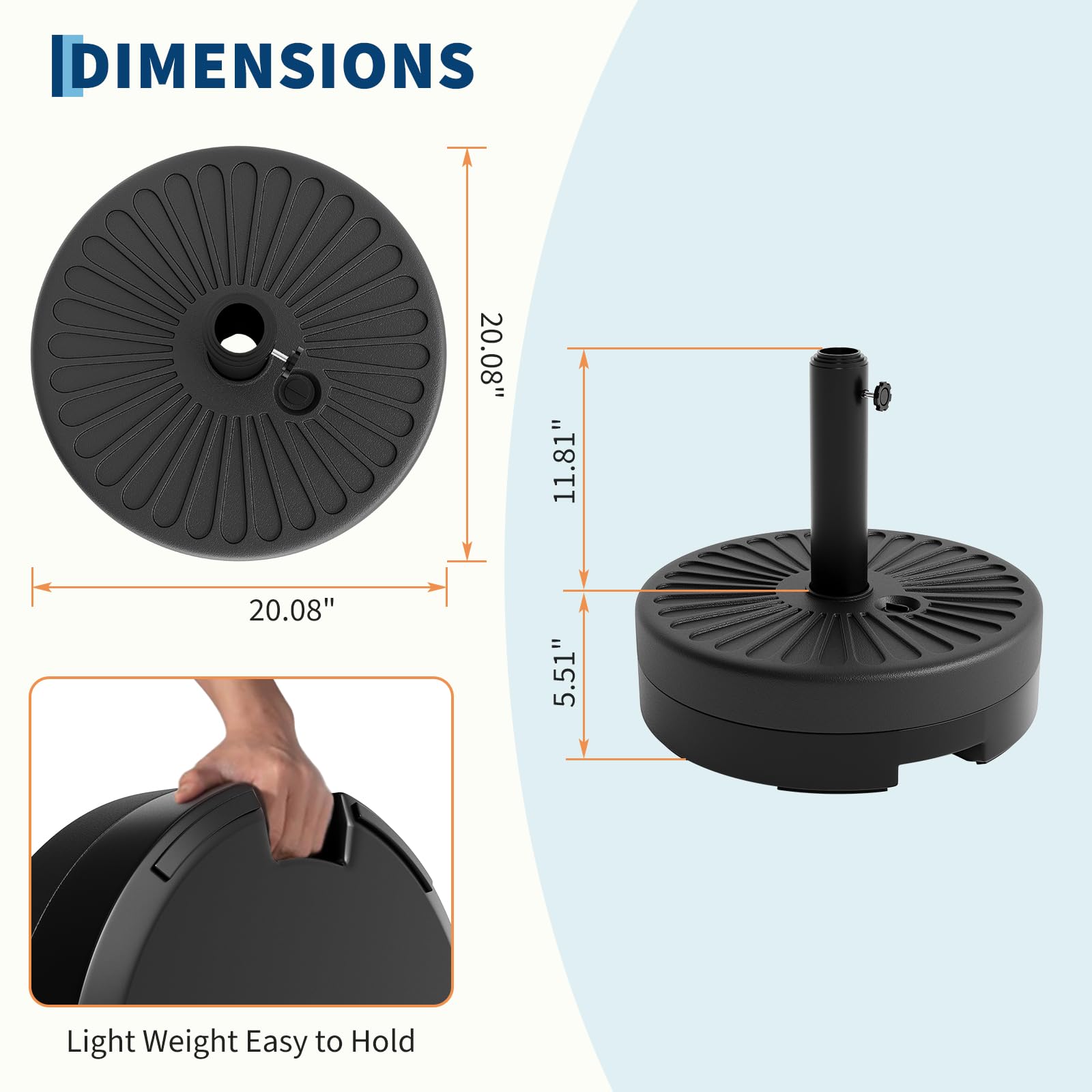 Garvee Round Patio Umbrella Base, 20" 80LB Weight Stand Fillable Umbrella Stand with Adjustable Steel Pole Adapters Fits 1.5" to 2.1" Poles for 7.5-11FT Umbrellas for Outdoor Deck Poolside, Black - Image 4