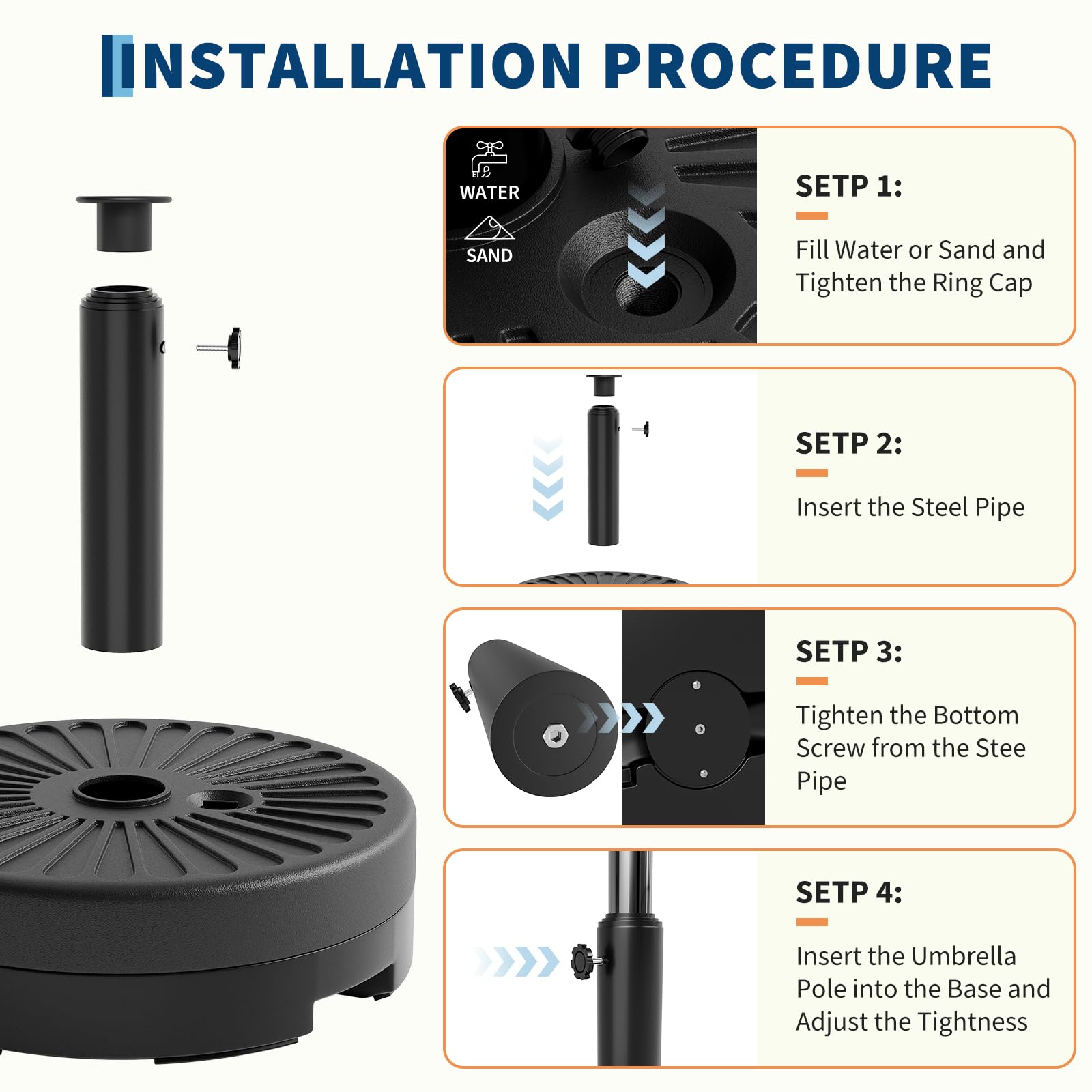 Garvee Round Patio Umbrella Base, 20" 80LB Weight Stand Fillable Umbrella Stand with Adjustable Steel Pole Adapters Fits 1.5" to 2.1" Poles for 7.5-11FT Umbrellas for Outdoor Deck Poolside, Black - Image 6