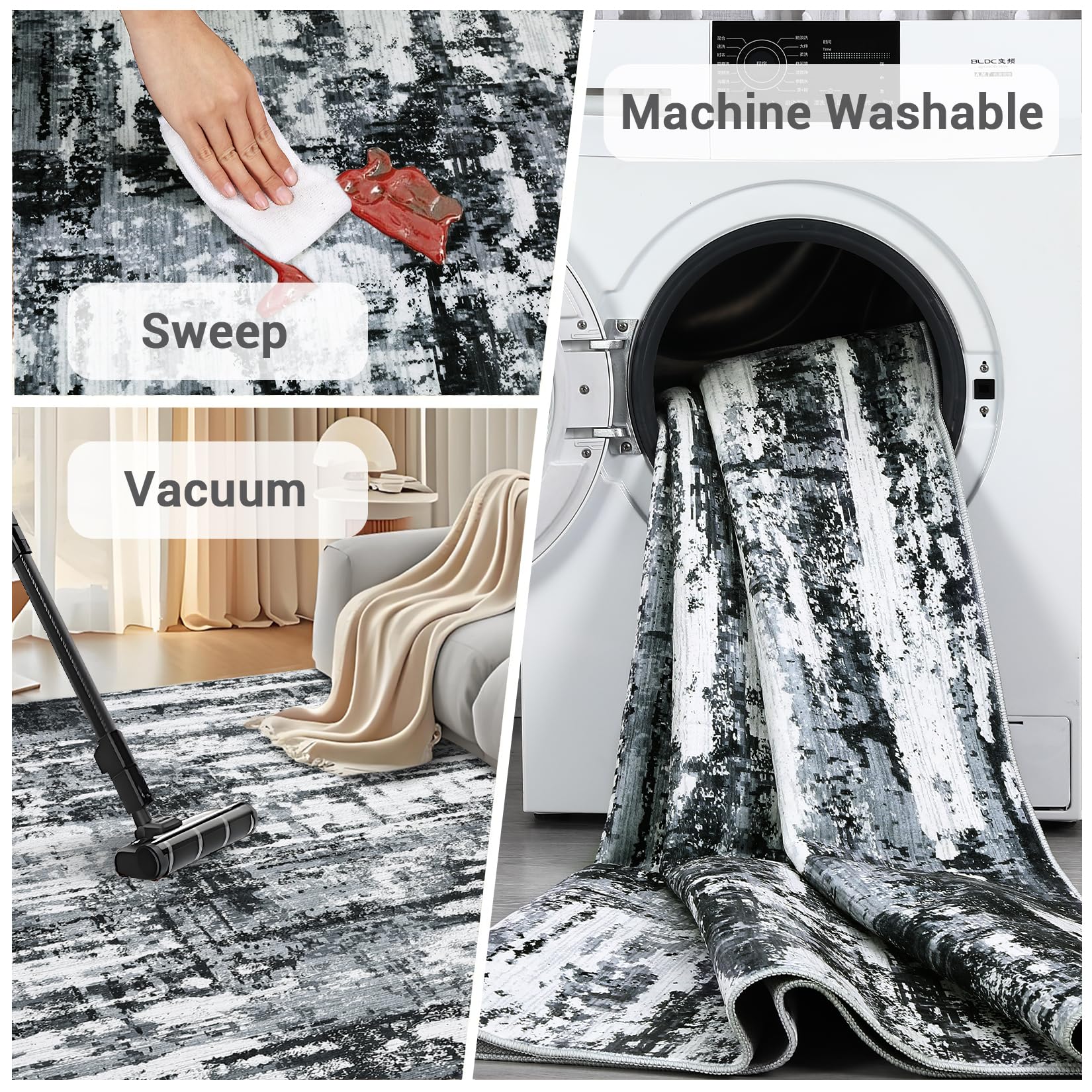 Garvee Runner Rug 2x6 Black Grey Hallway Entryway Runner Washable Modern Abstract Area Rug Low Pile Non Slip Kitchen Runner Mat Contemporary Throw Runner Rug Soft Floor Cover for Bedroom - Image 7