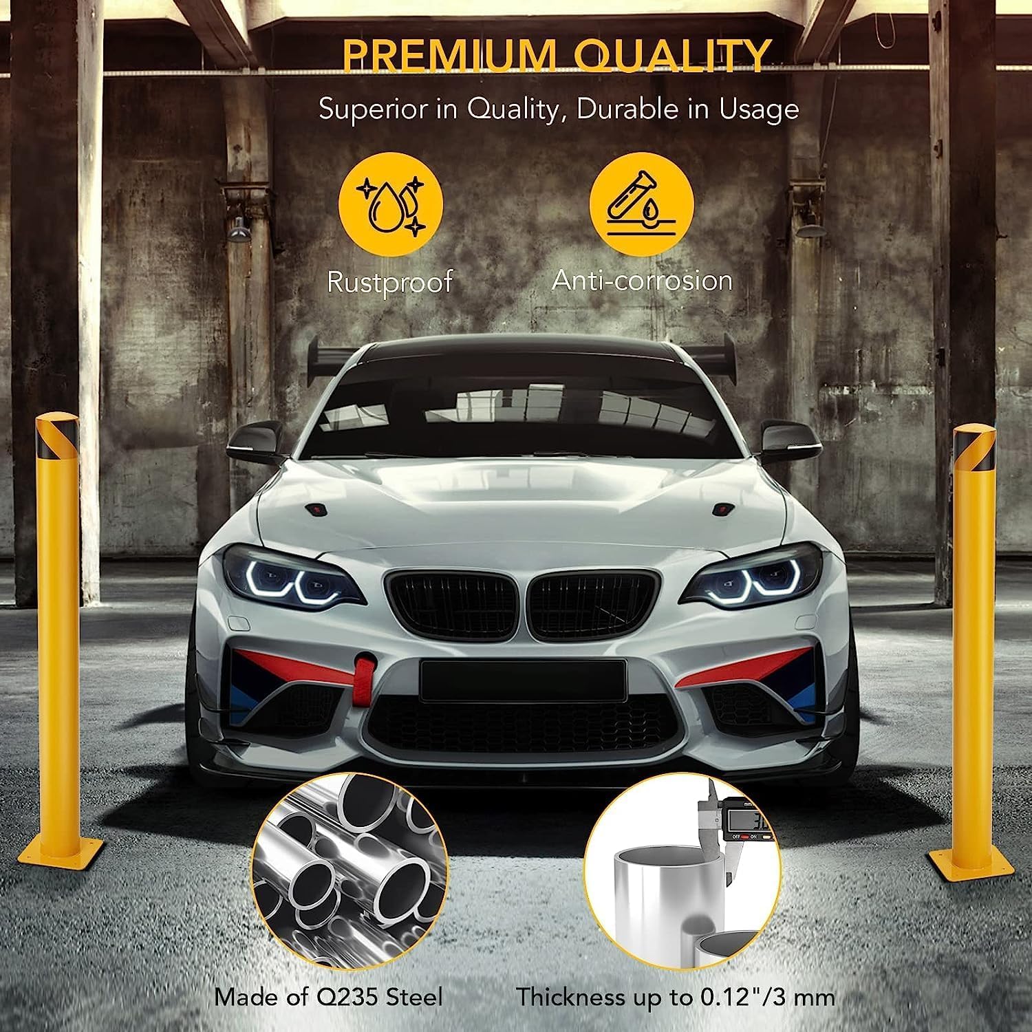 Garvee Safety Bollard 2 Packs 36 in Height Bollard Post, 4.5 in Diameter, Yellow Safety Steel Bollard Post with 8 Anchor Bolts, for Traffic Control, Driveway Barrier, Parking Pole - Image 4