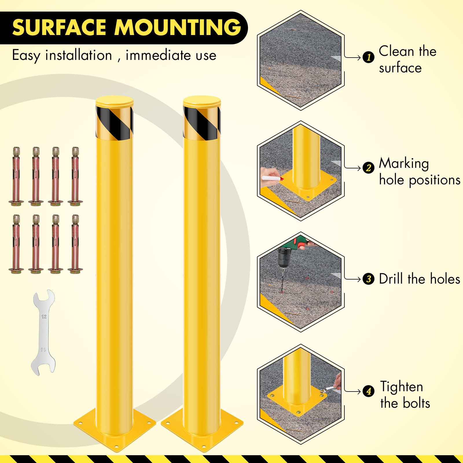 GARVEE Safety Bollard Post, 42 x 4.5 in Steel Removable Traffic Parking Barrier Bollards, Yellow, 2 Pack - Image 3