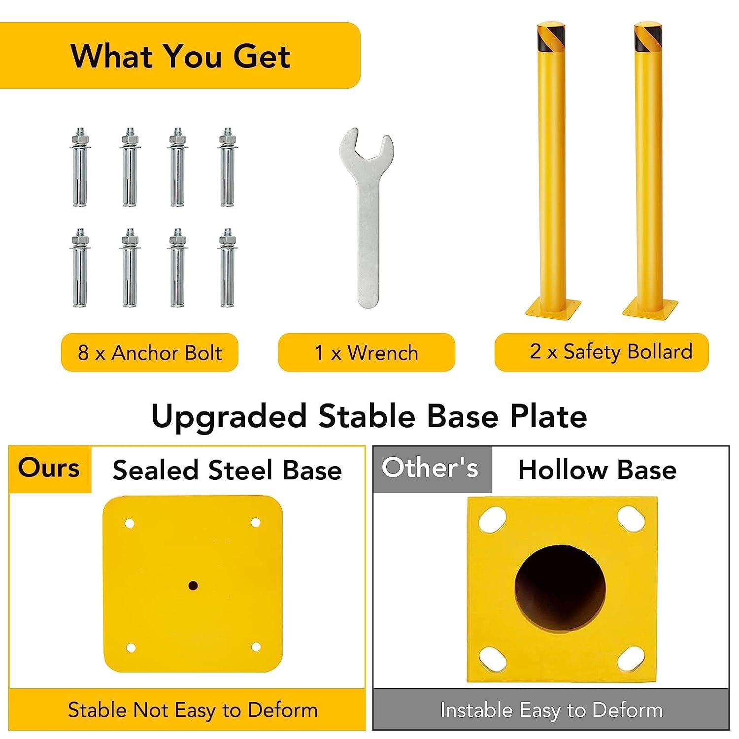 Garvee Safety Bollard, Towallmark 4 Packs 36 in Height Bollard Post, 4.5 in Diameter, Yellow Safety Steel Bollard Post with 8 Anchor Bolts, for Traffic Control, Driveway Barrier, Parking Pole - Image 3