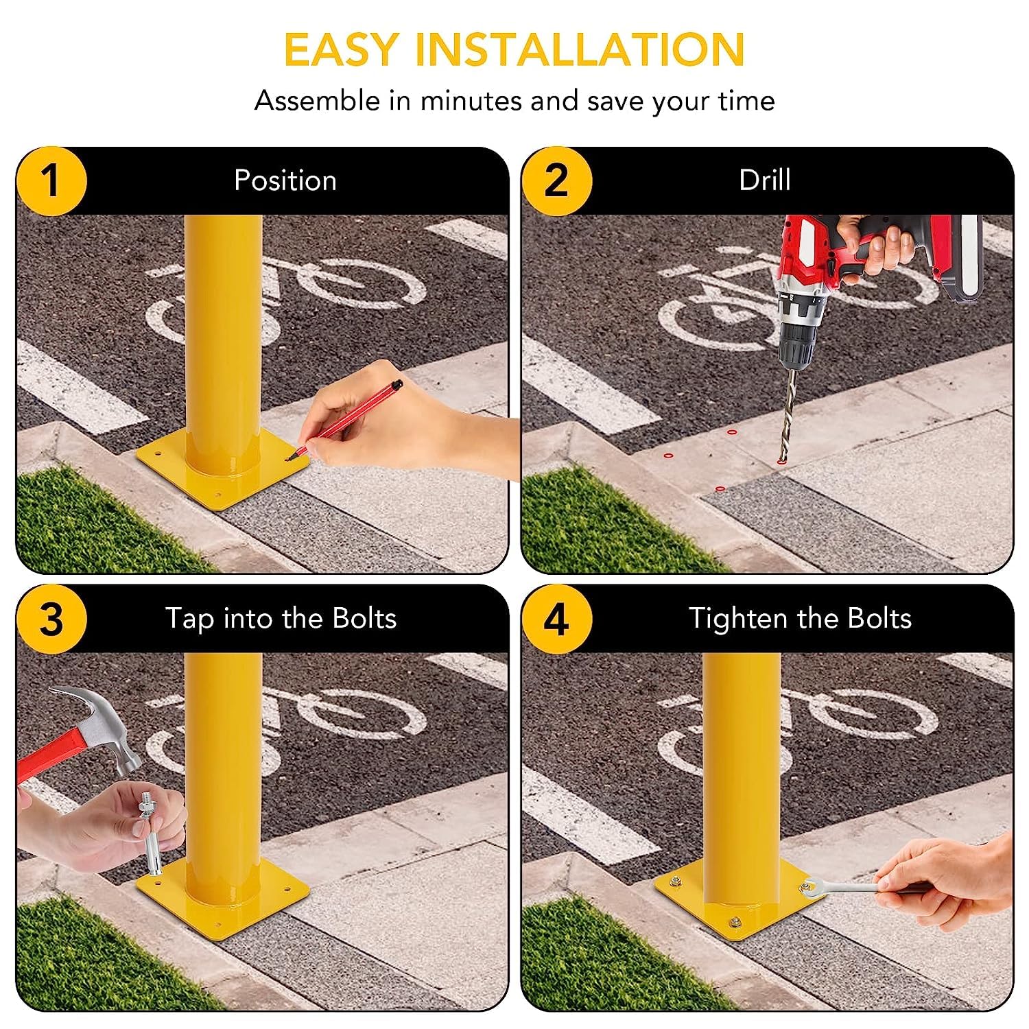 Garvee Safety Bollard, Towallmark 4 Packs 42 in Height Bollard Post, 4.5 in Diameter, Yellow Safety Steel Bollard Post with 8 Anchor Bolts, for Traffic Control, Driveway Barrier, Parking Pole - Image 6