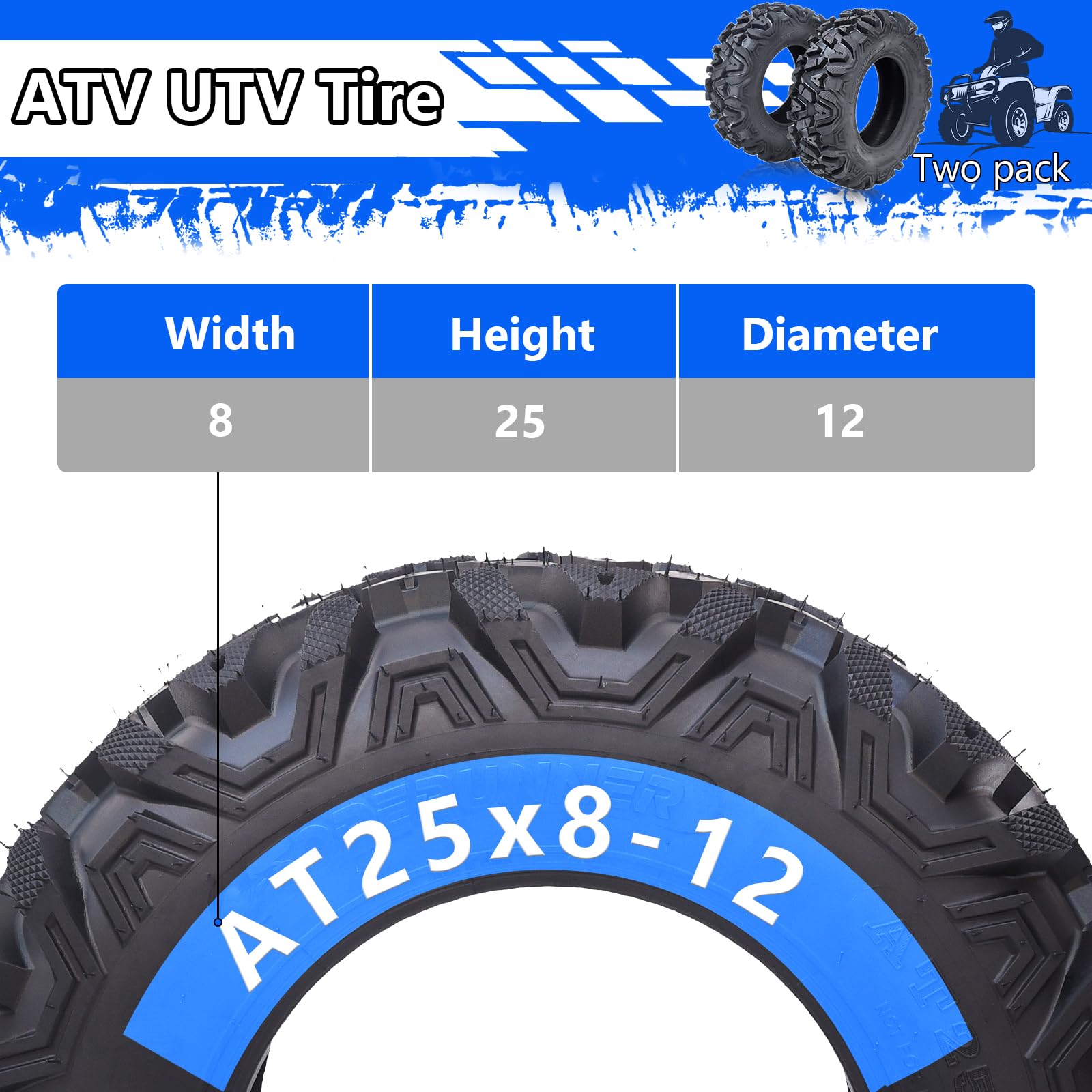 Garvee Set of 2 Garvee ATV Trail Tires 25x8-12/6PR Knobby Sport Tires, Tubeless, AT25x8-12-6PR TL KNIGHT - Image 4