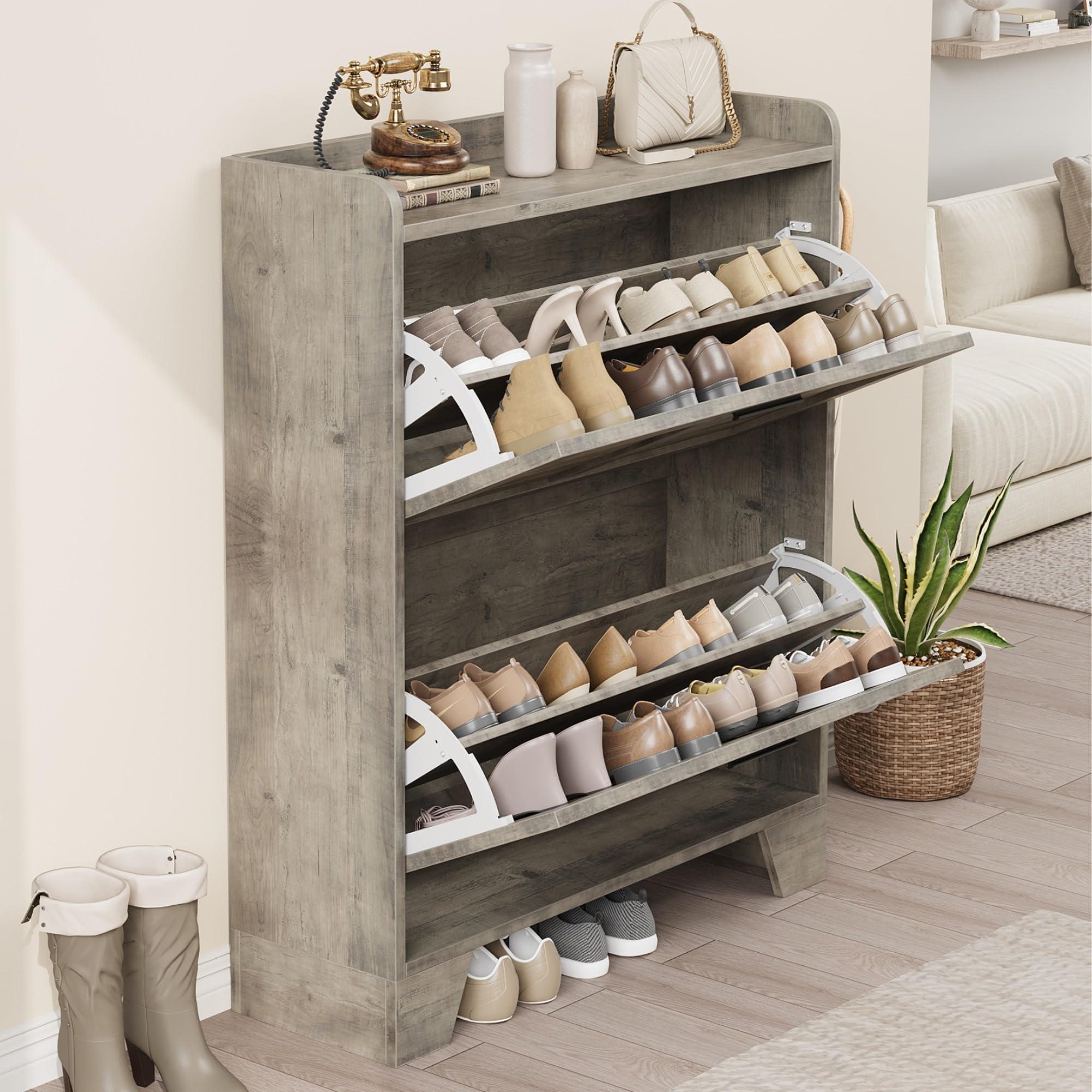 Garvee Shoe Storage Cabinet with 2 Flip Drawers, Freestanding Shoe Organizer Storage for Entryway with 2 Side Hooks, Farmhouse Hidden Slim Narrow Shoe Rack Cabinet, Gray - Image 8