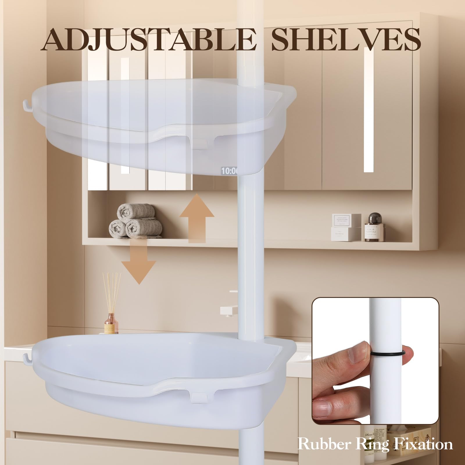 Garvee Shower Caddy Tension Pole: 4-Tier Rust-Resistant djustable Trays bathroom storage 123in, Height Adjustable Trays Shower Shelves for Bathroom, White - Image 4