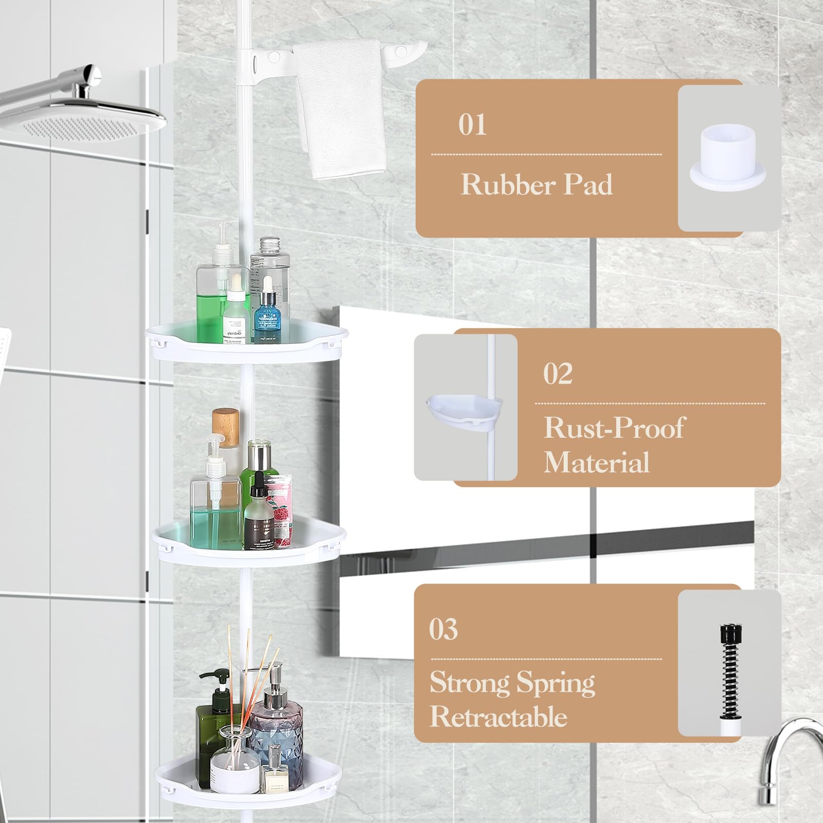 Garvee Shower Caddy Tension Pole: 4-Tier Rust-Resistant djustable Trays bathroom storage 123in, Height Adjustable Trays Shower Shelves for Bathroom, White - Image 7
