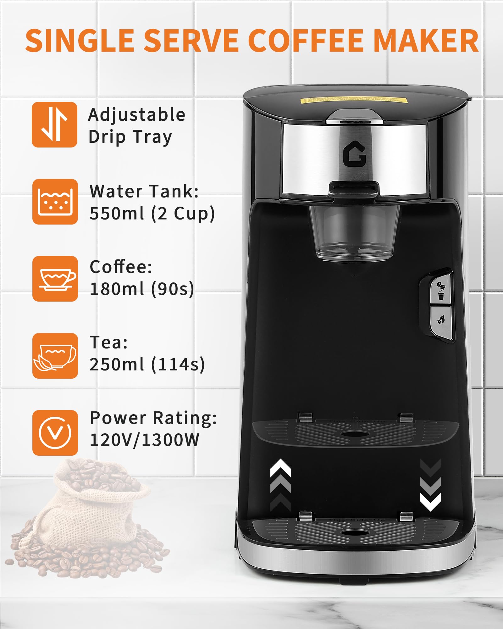 Garvee Single Serve Coffee Maker, Single Cup Small Coffee Machine with 18.6 oz Water Tank for Capsule, Ground & Tea, Portable Coffee Maker for Home Office RV Camping, Auto Shut Off, Adjustable Tray - Image 4