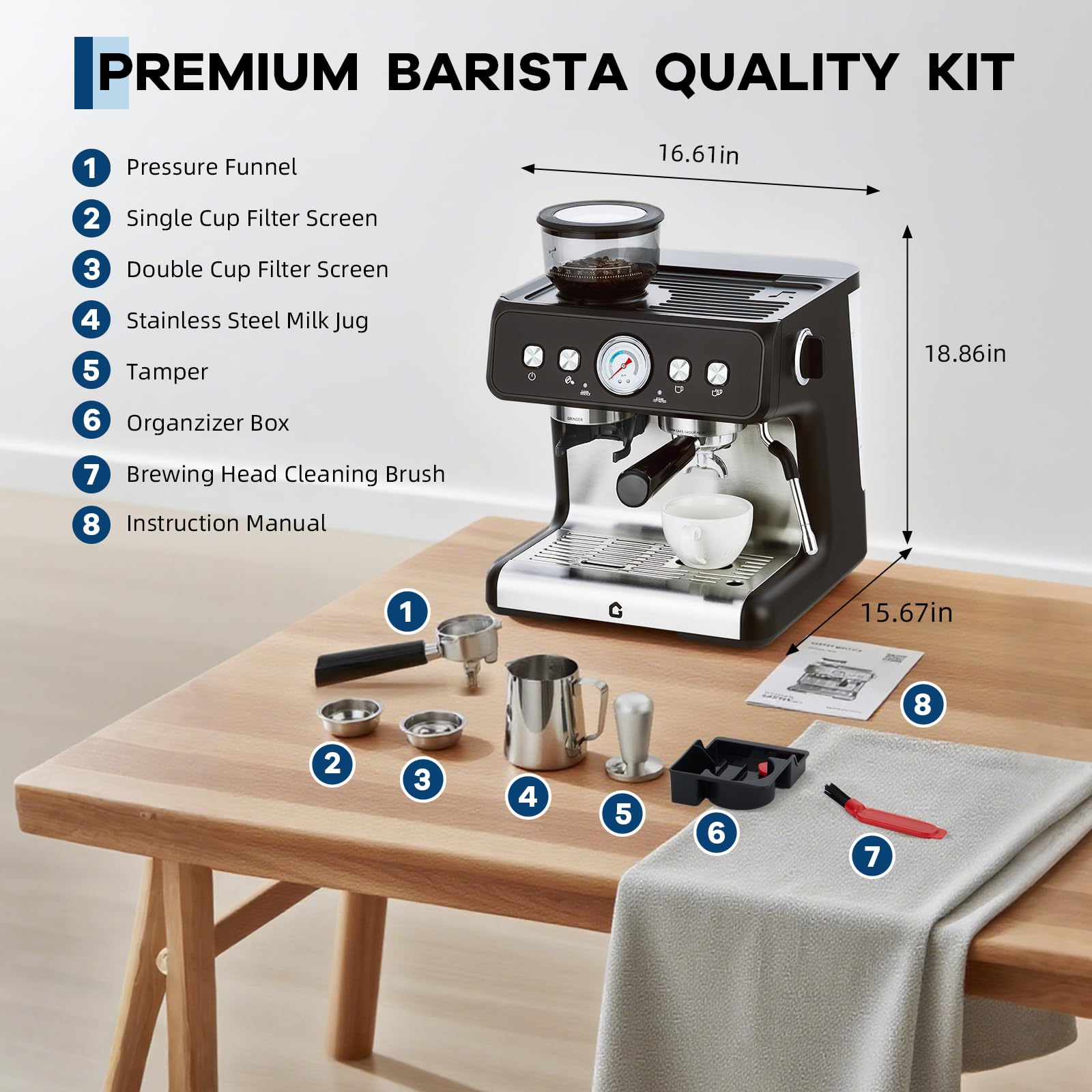 Garvee Stainless Steel Espresso Machine with Grinder & 20 Bar Pressure, 2.8L Removable Water Tank, Milk Frother Steam Wand for Latte/Cappuccino - Adjustable Shot Volume, Professional Home/Office Use - Image 5