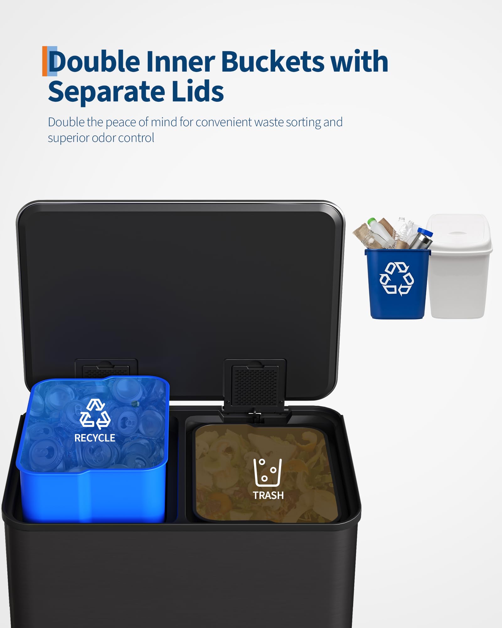 Garvee Stainless Steel Garbage Can, 2 x 8 gal Dual Compartment Trash Can with 2 Inner Buckets and Soft Close Lid, Foot Pedal Garbage Bin for Bathroom, Living Room, Kitchen, Black - Image 4