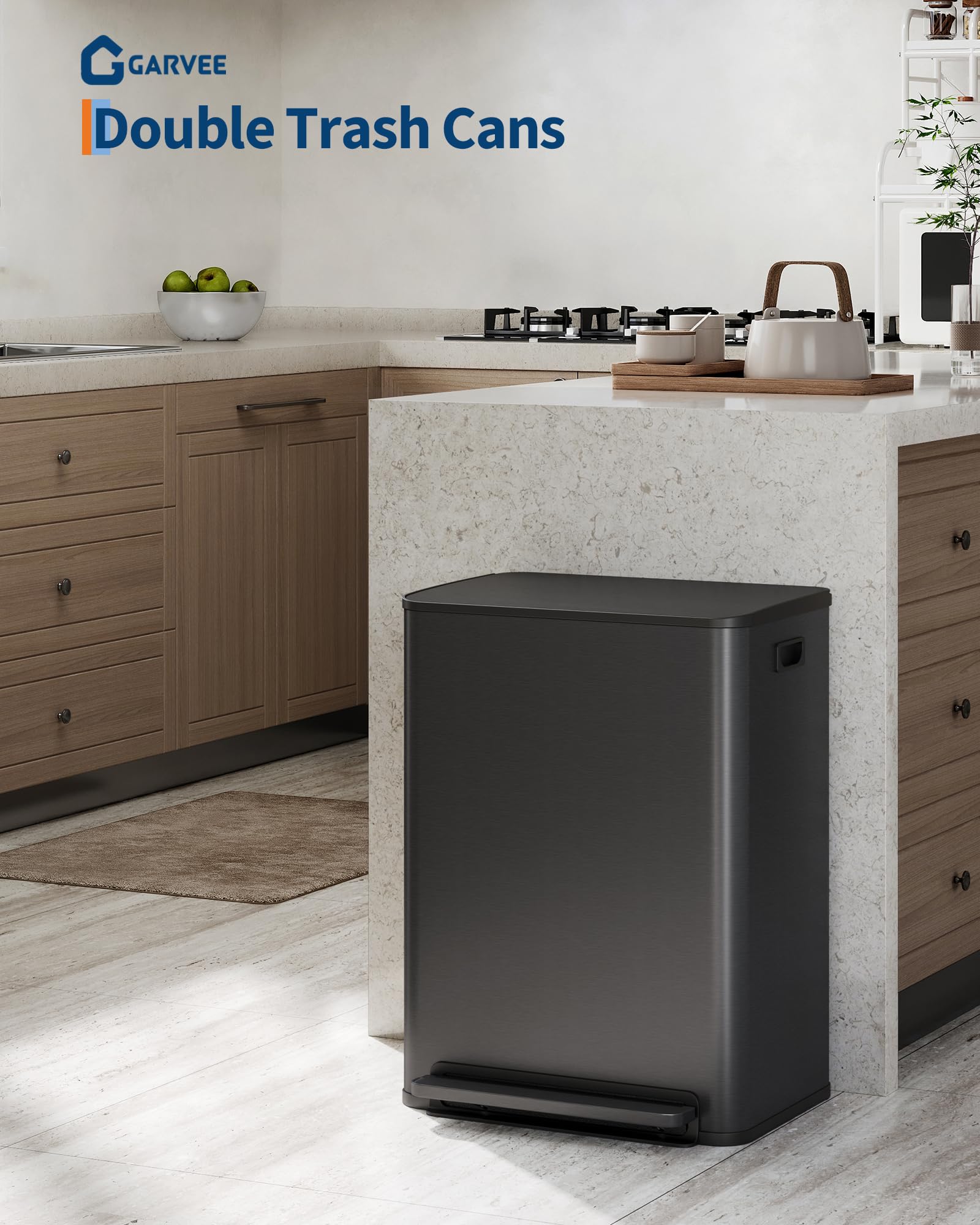 Garvee Stainless Steel Garbage Can, 2 x 8 gal Dual Compartment Trash Can with 2 Inner Buckets and Soft Close Lid, Foot Pedal Garbage Bin for Bathroom, Living Room, Kitchen, Black - Image 7