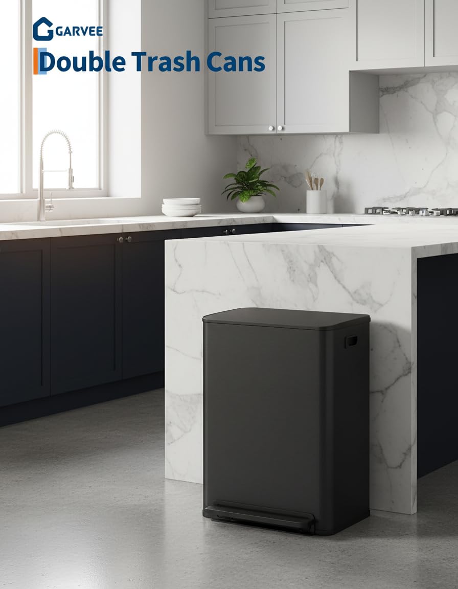 Garvee Stainless Steel Garbage Can, 2 x 8 gal Dual Compartment Trash Can with 2 Inner Buckets and Soft Close Lid, Foot Pedal Garbage Bin for Bathroom, Living Room, Kitchen, Black - Image 8