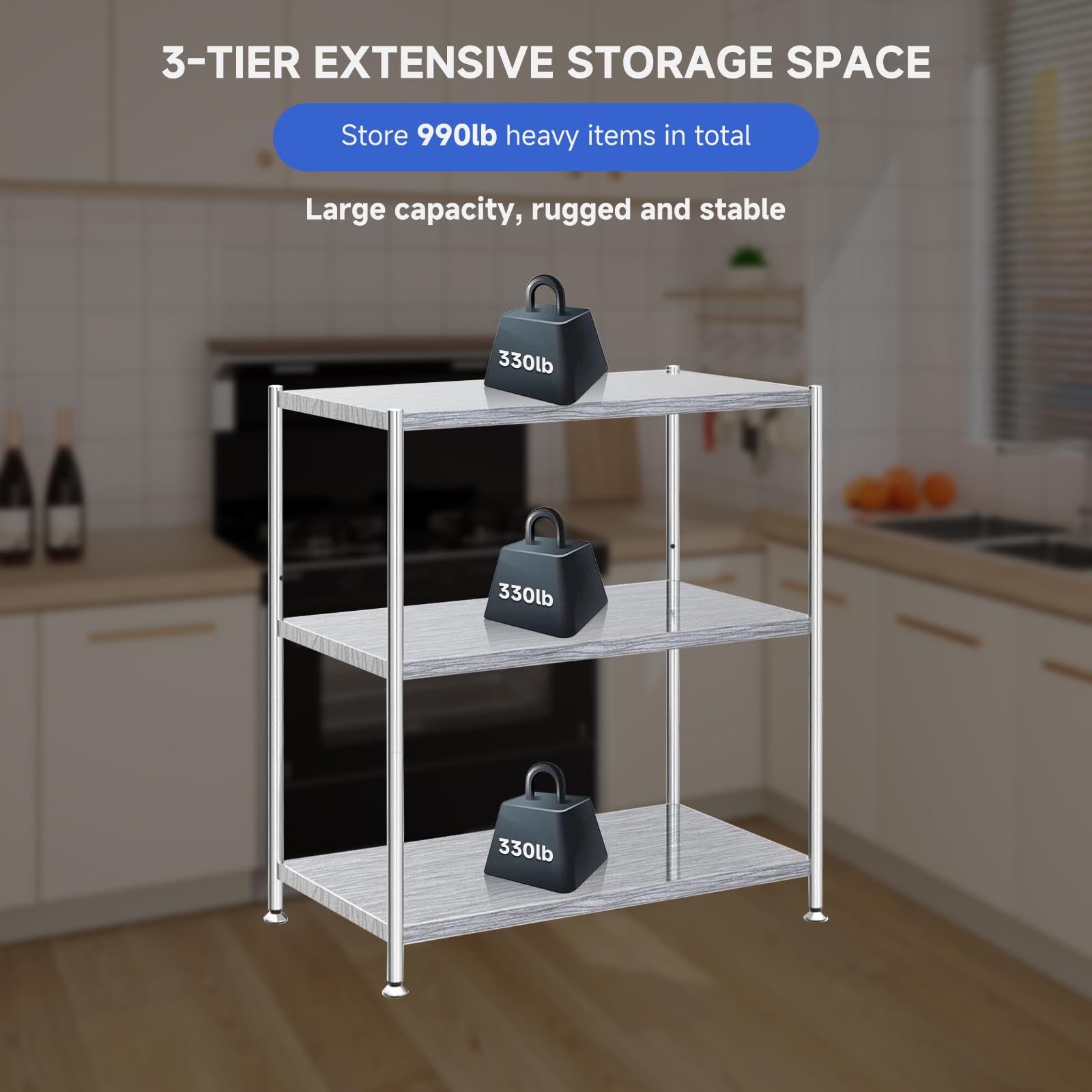 Garvee Stainless Steel Shelves,24 in x14 in x32 in 3-Tier Storage Shelf Heavy Duty Storage Rack Shelving Capacity Shelf Unit for Kitchen Garage Office Restaurant Warehouse,330 LB Per Shelf - Image 3